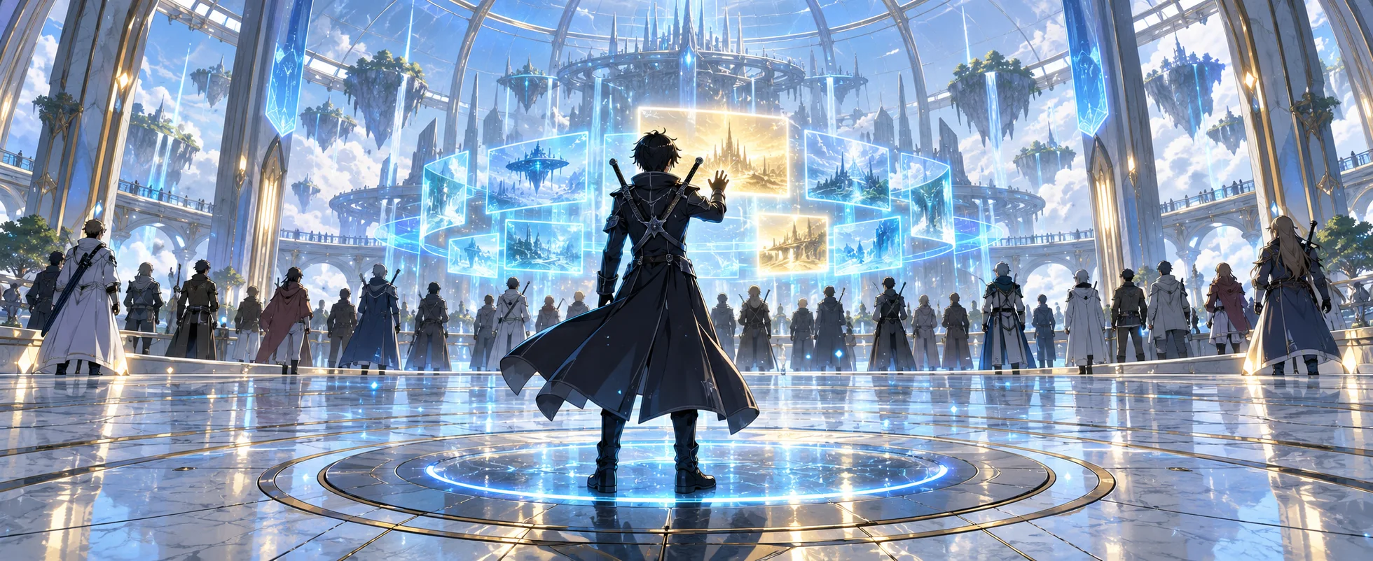A swordsman in a black coat stands before floating holographic screens in a vast glass hall full of players.