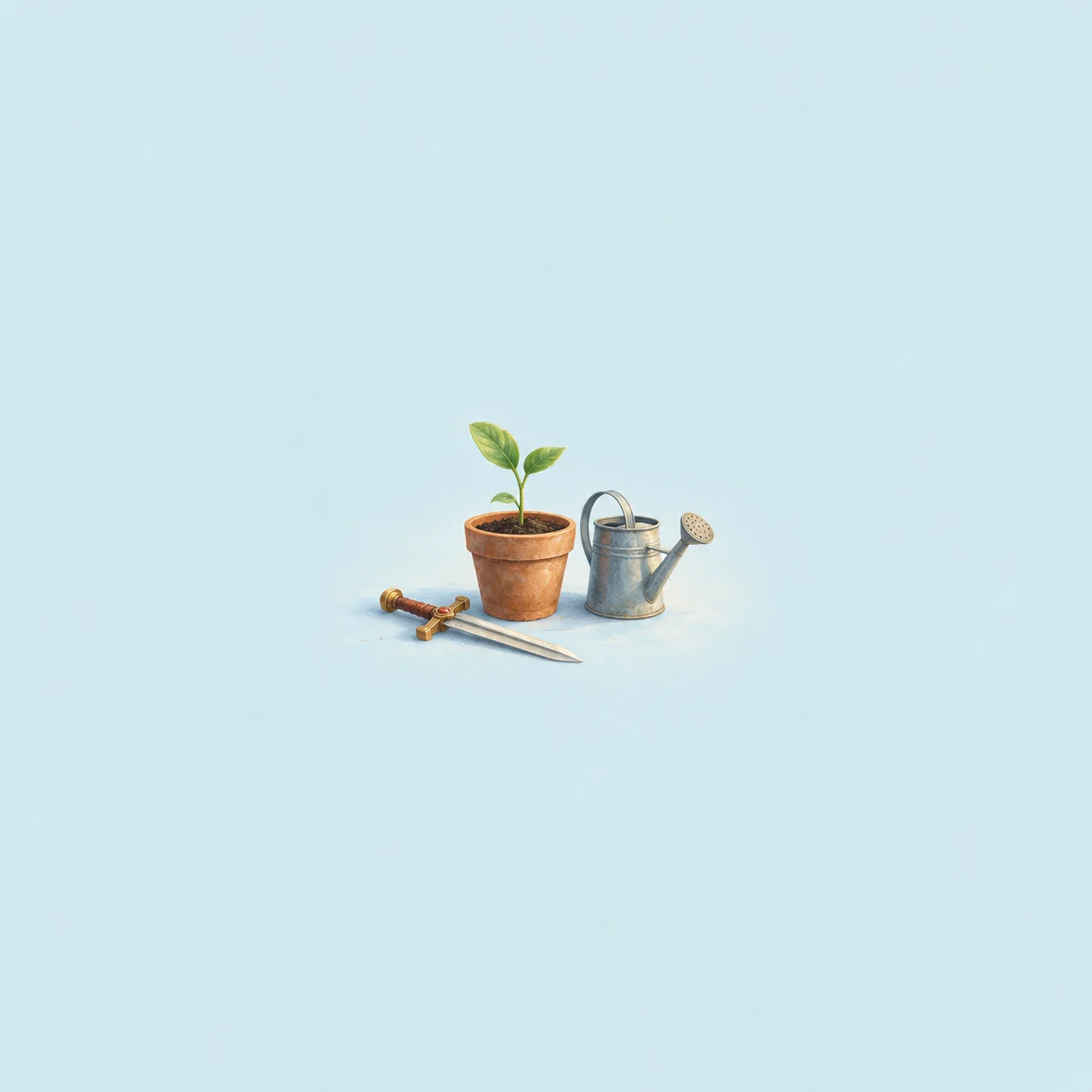 A seedling in a clay pot beside a watering can and a toy sword lying flat on a pale blue background.