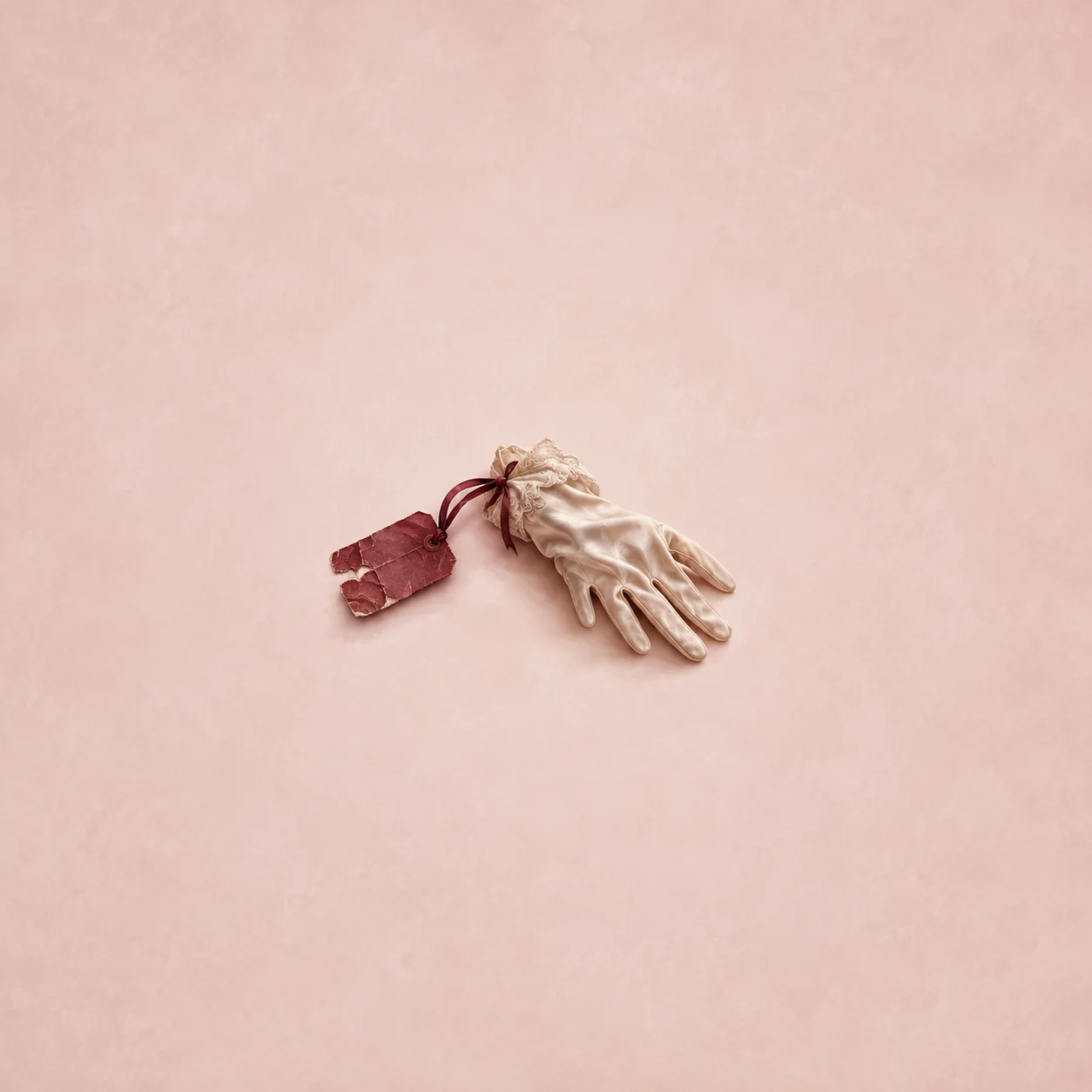 A red paper tag tied to a limp silk glove.