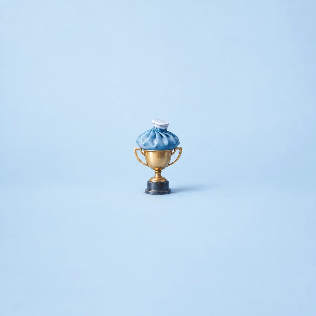 A blue ice pack with a white cap sits atop a small gold trophy against pale blue.