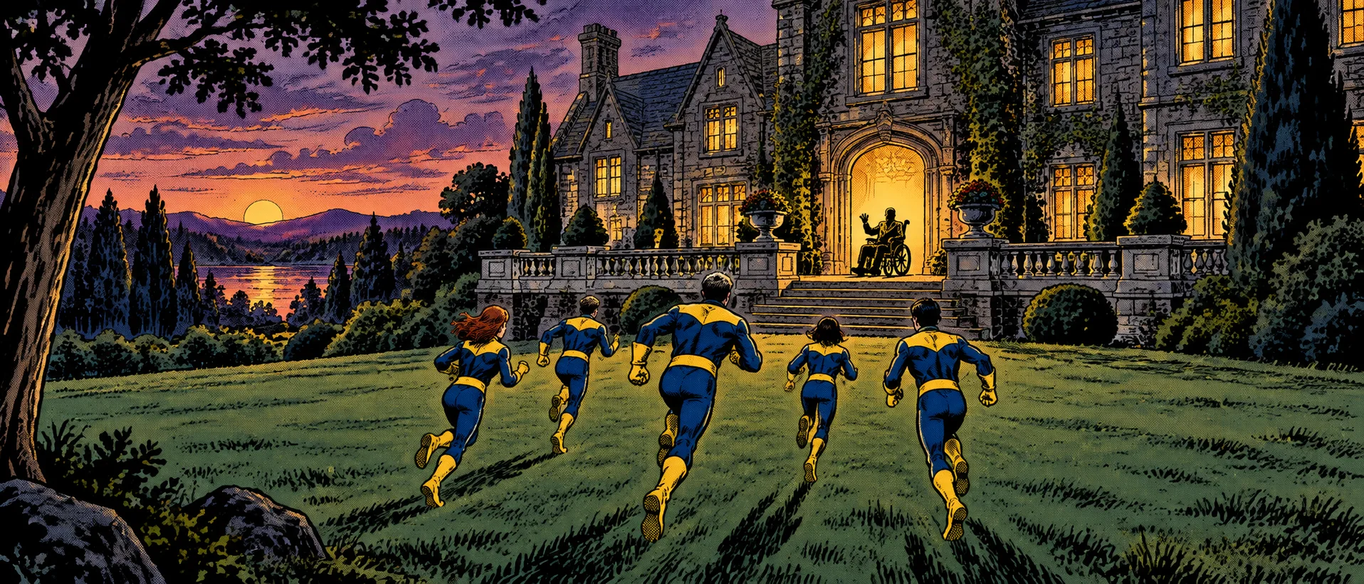 Five young figures in blue-and-yellow uniforms race across a mansion lawn at dusk toward a silhouette in a wheelchair raising one hand on the terrace.