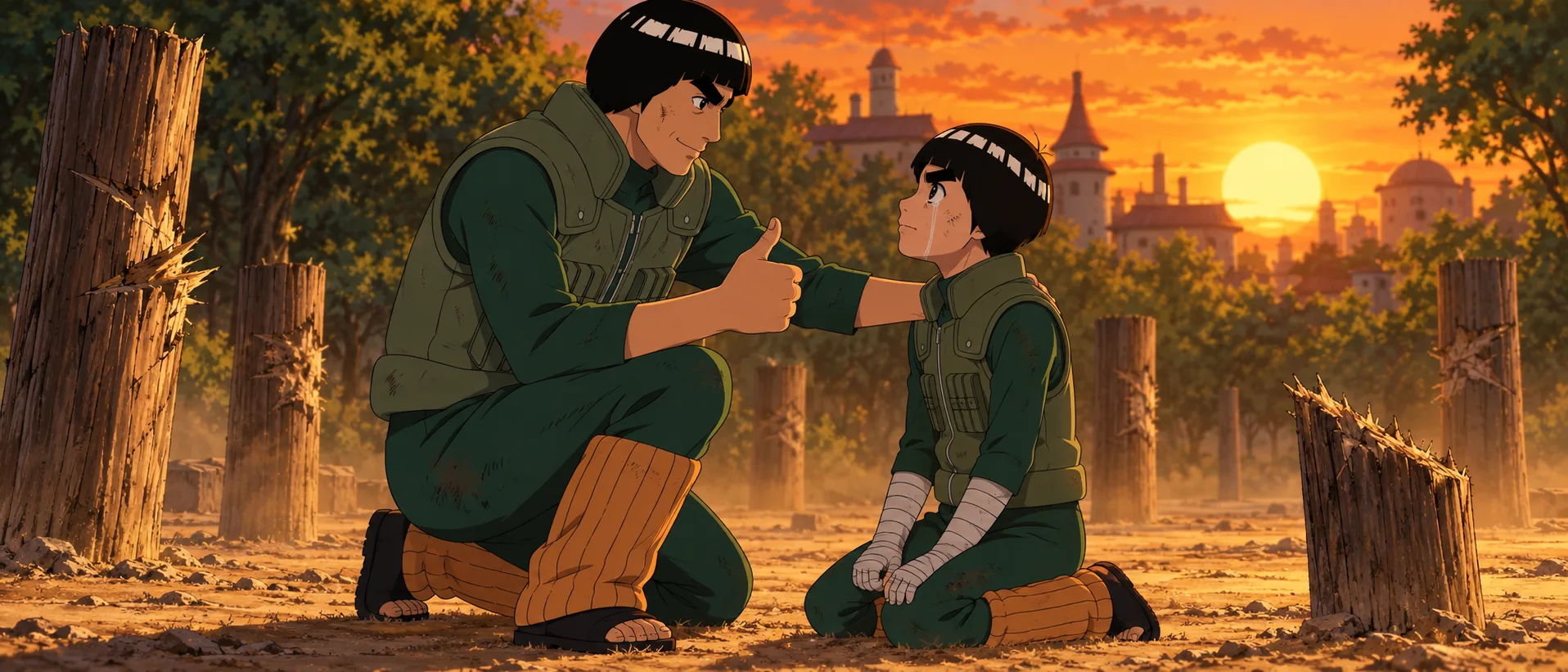 A man and a boy in matching green jumpsuits with black bowl haircuts kneel face to face on a battered training ground at sunset, the man giving a thumbs-up.
