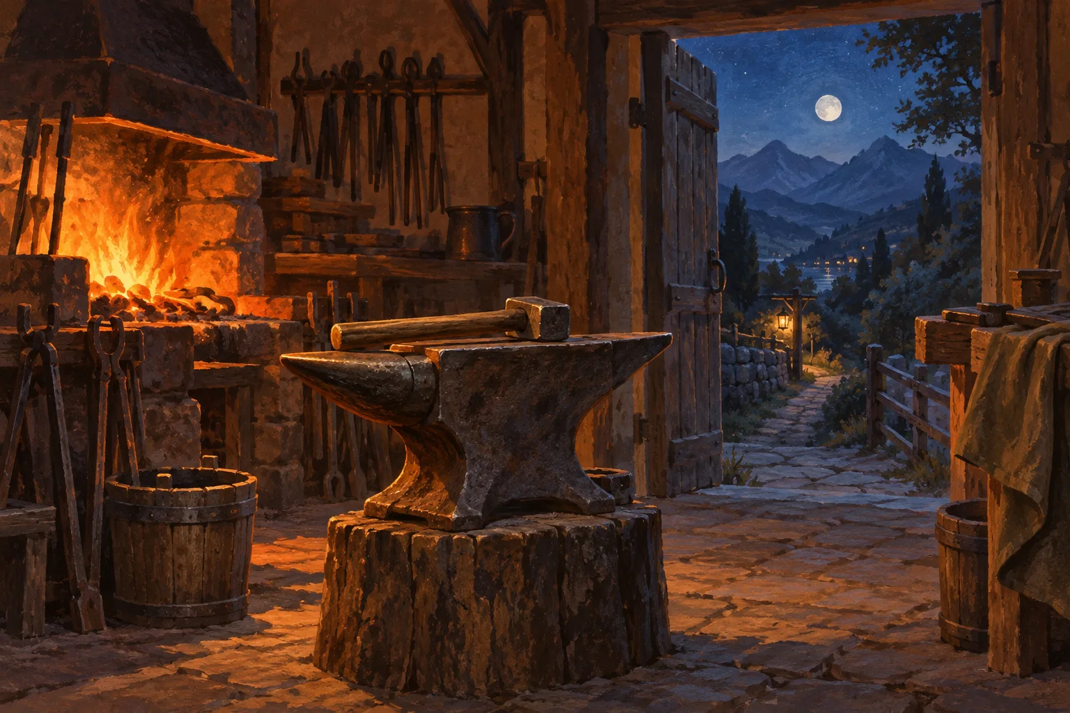 A plain hammer rests beside a glowing forge and a narrow path leading into the night.