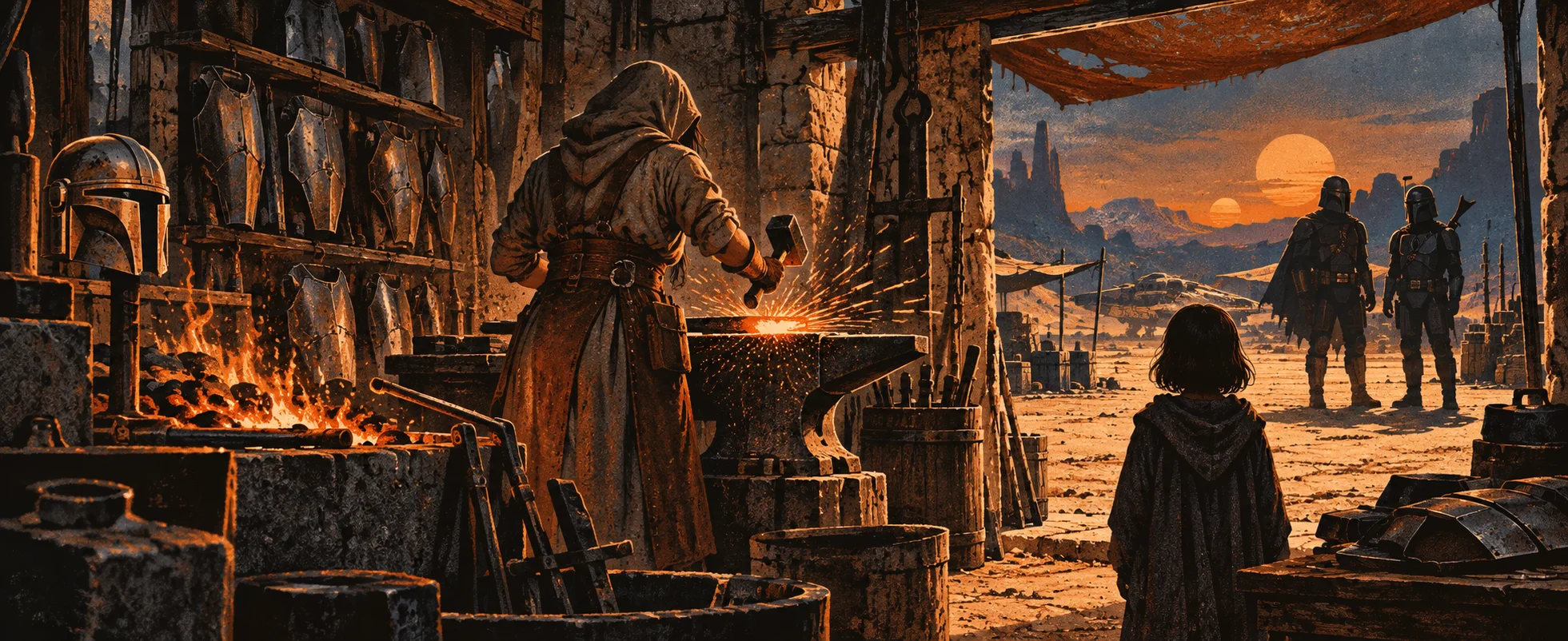 A hooded armourer hammers glowing metal at an anvil in a stone forge while a small cloaked child and two armoured warriors watch from the desert yard.