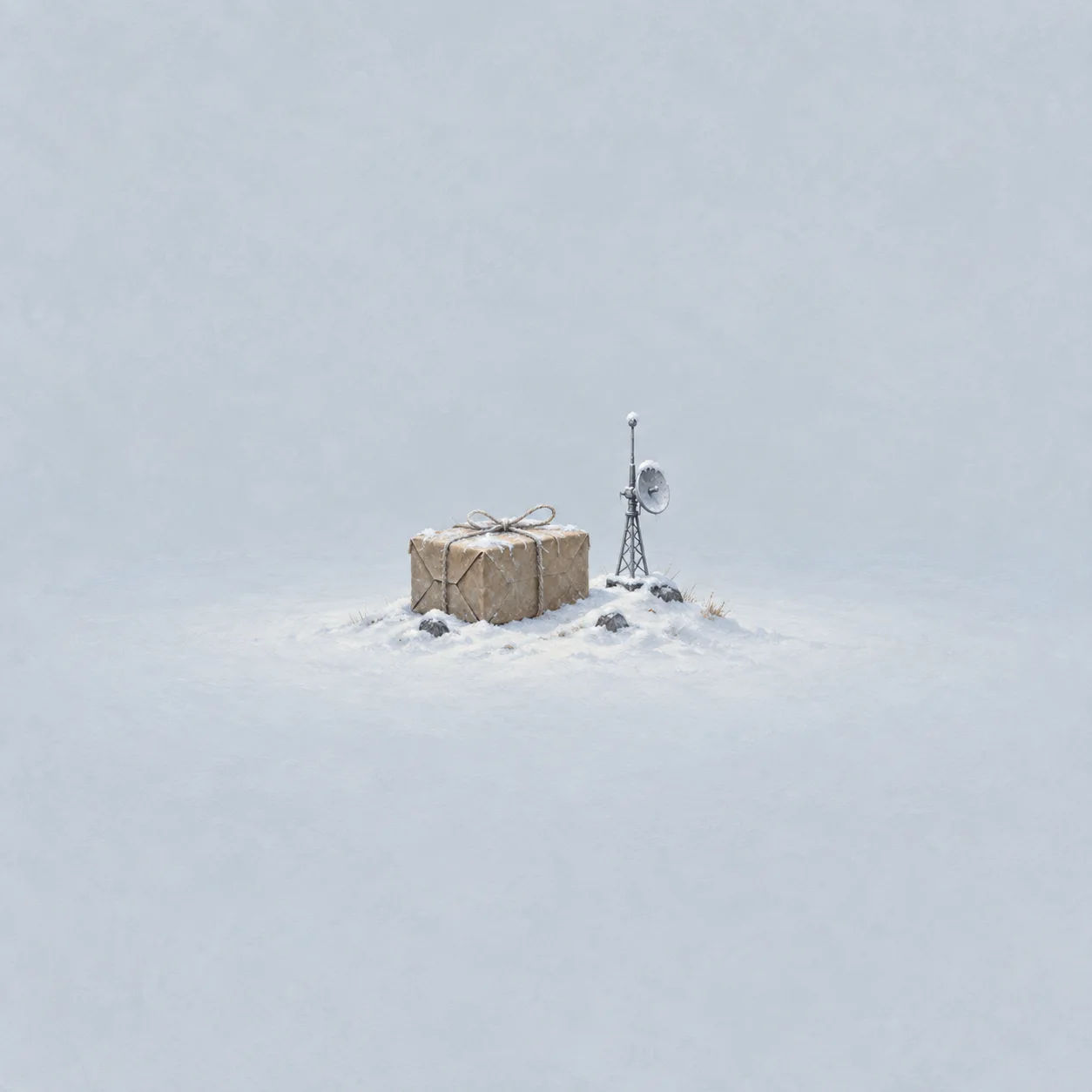 A string-tied parcel beside a miniature antenna tower on a snowy mound.