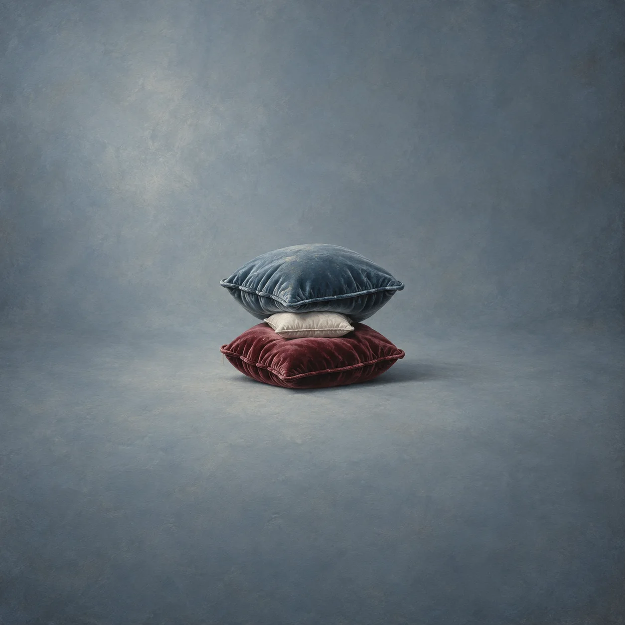 Painterly three stacked cushions in blue, cream and burgundy against blue-grey.