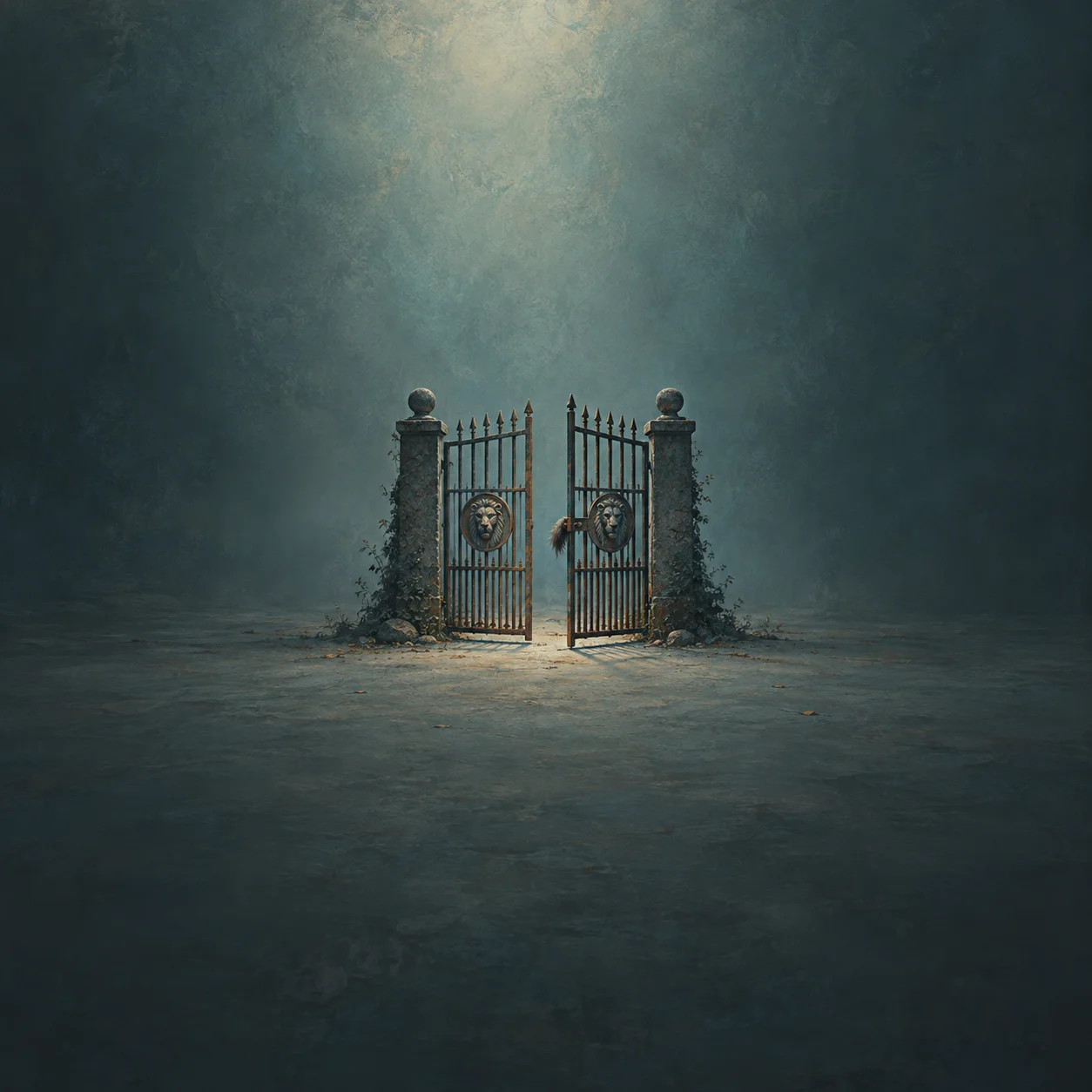 Two ornate iron gates stand partly open between stone pillars in a dark teal space.