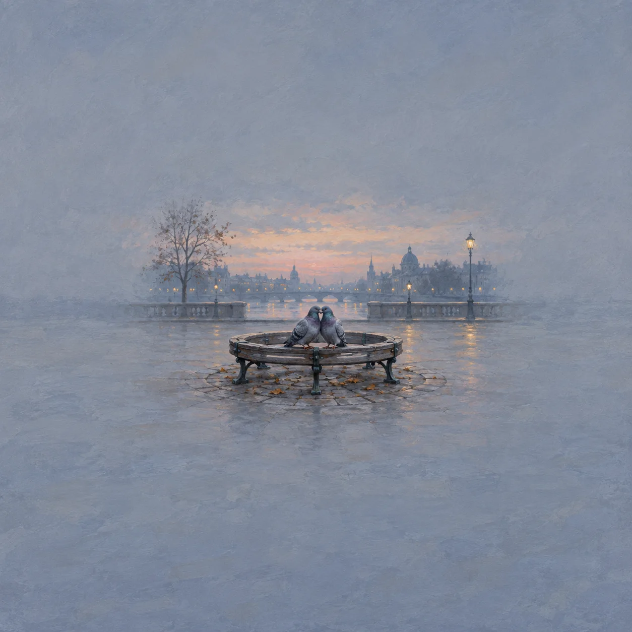 Painterly two pigeons nestled together on a round park bench beside still water at dusk.