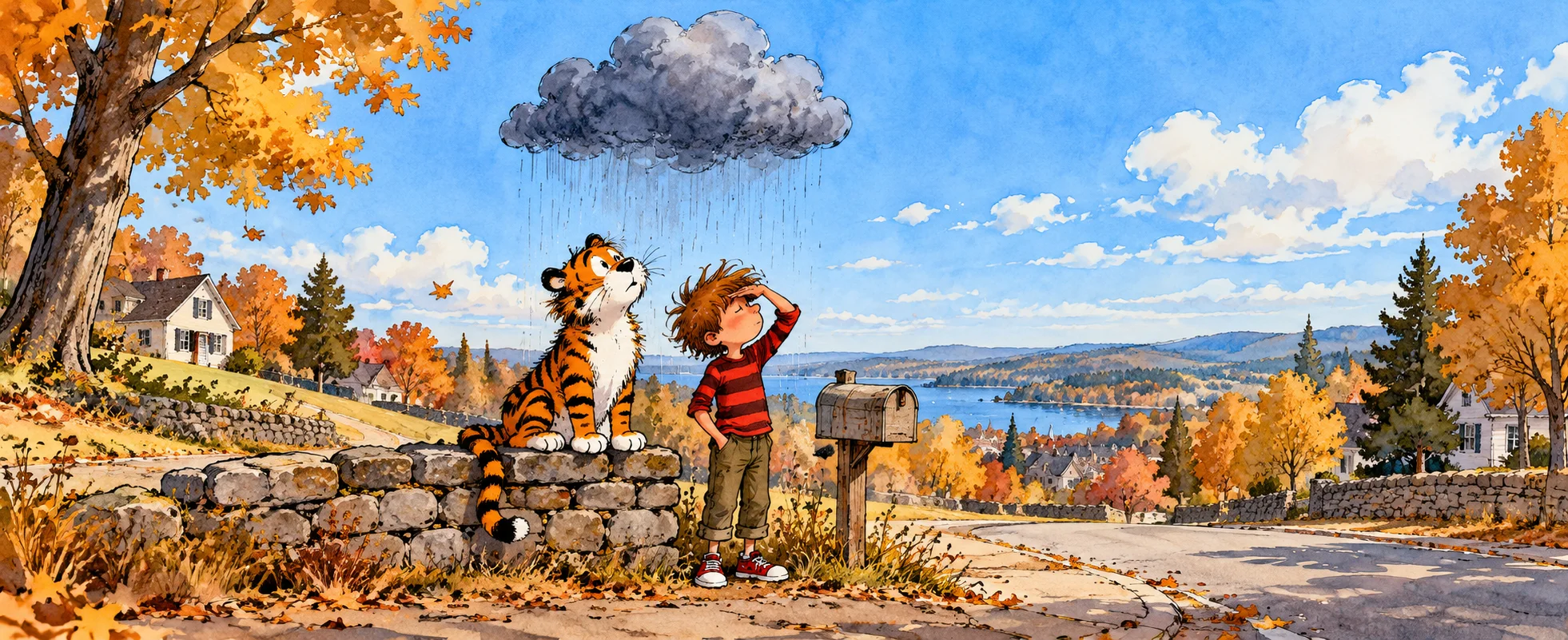 A boy and a stuffed-looking tiger stand by a stone wall on an autumn road, a small raincloud pouring on them alone.