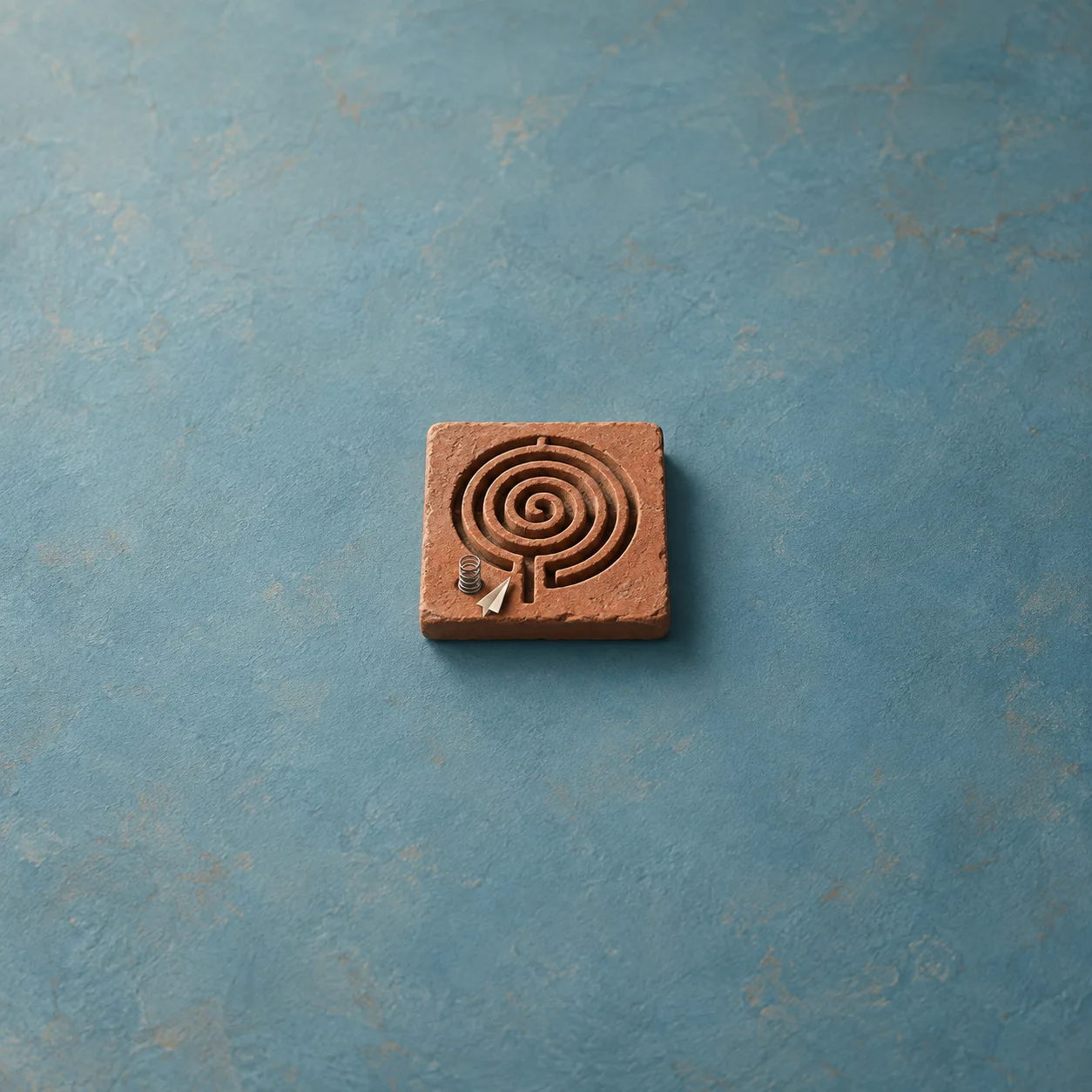 A terracotta tile has a carved spiral maze with a small spring and a silver blade at its entrance.