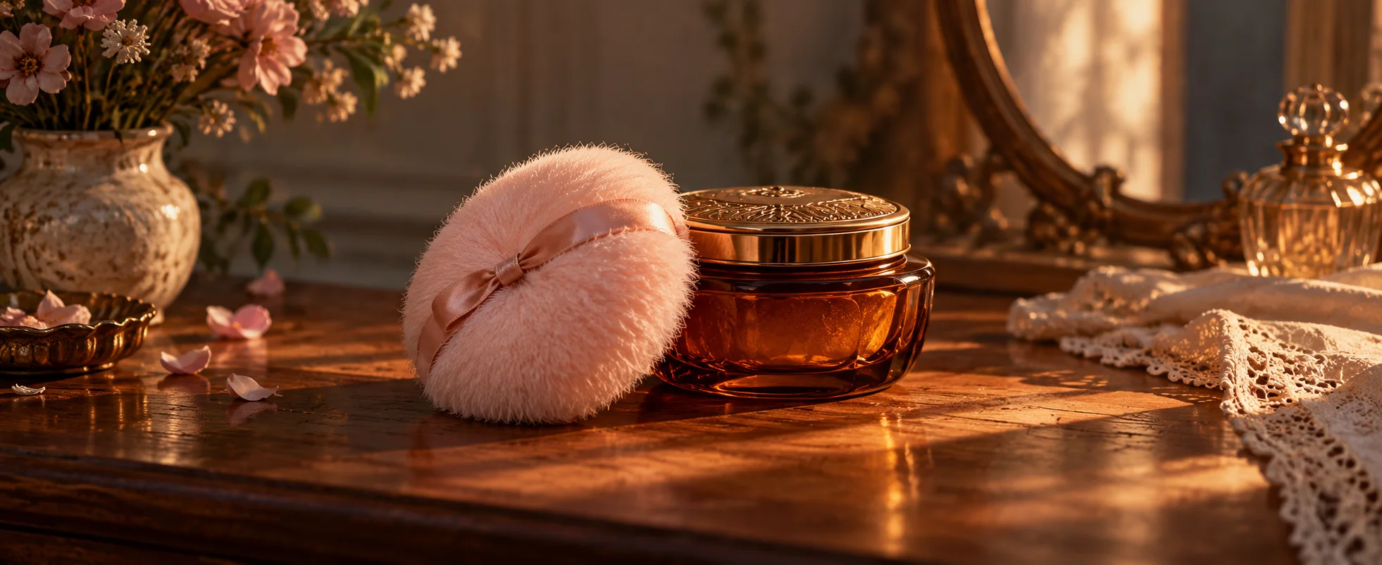 A soft pale pink powder puff rests beside a closed amber cosmetic jar on warm wood.