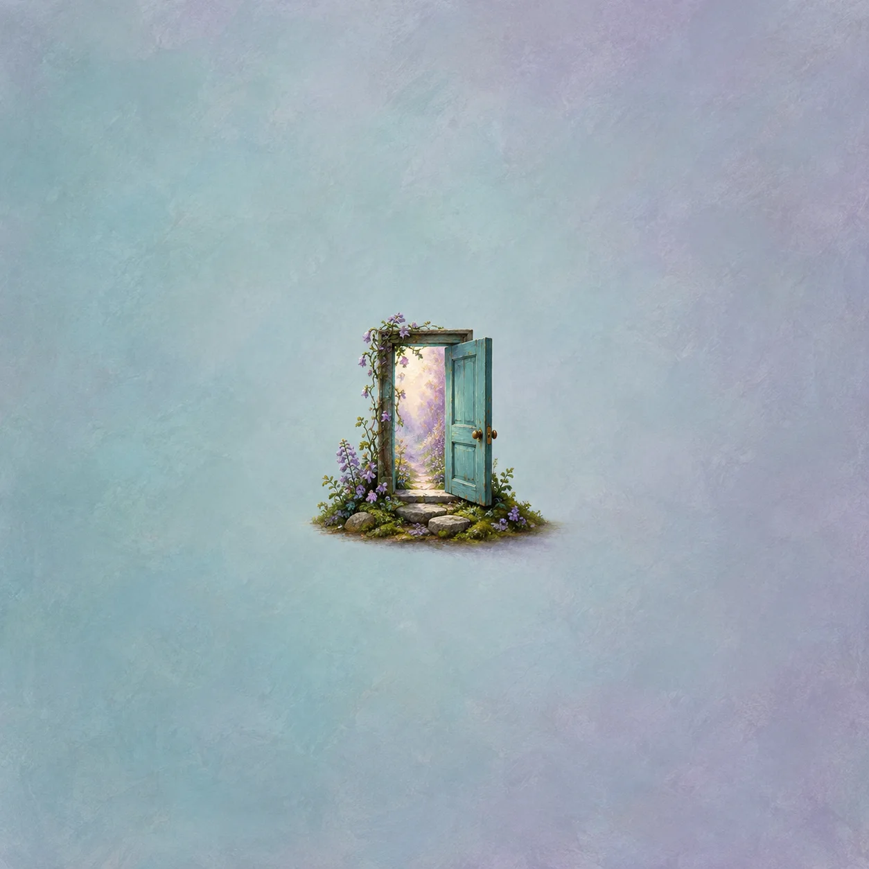 Freestanding teal open door on a mossy, flowered base with a lavender-and-peach landscape visible through it