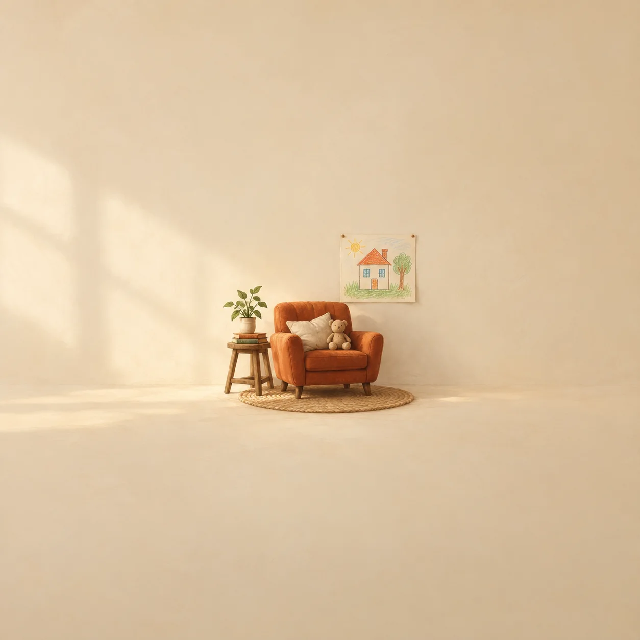 An orange armchair with a teddy bear and cushion sits beside a potted plant beneath a child's drawing of a house.