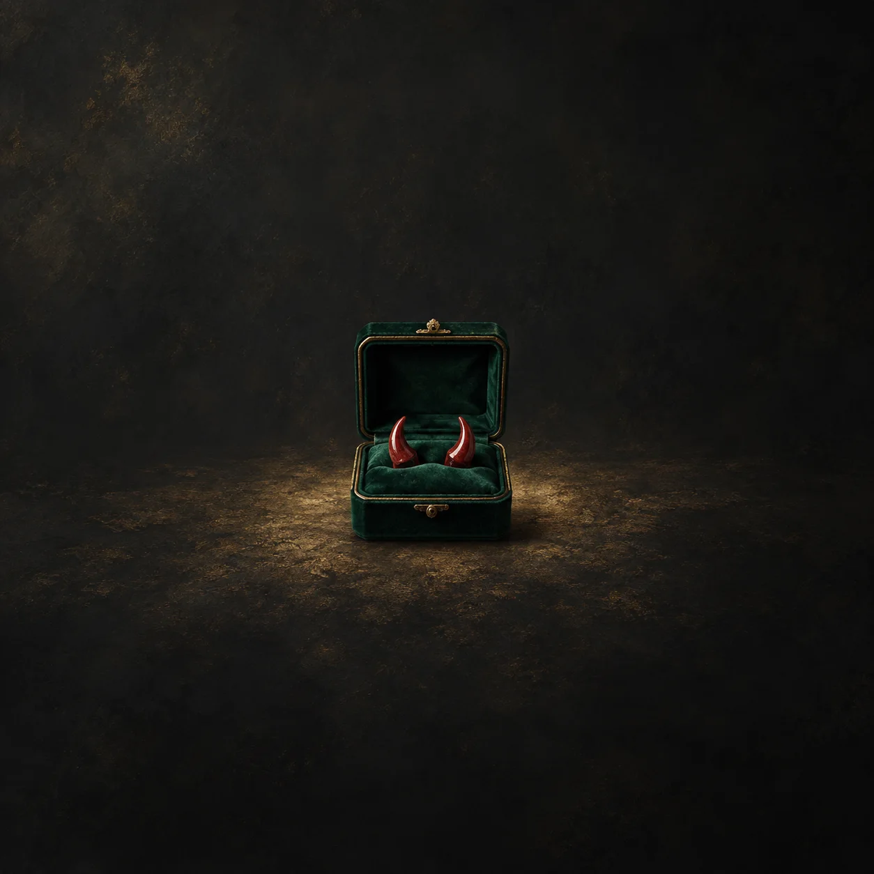 A pair of small red ceramic horns in an open green velvet box on a charcoal background.