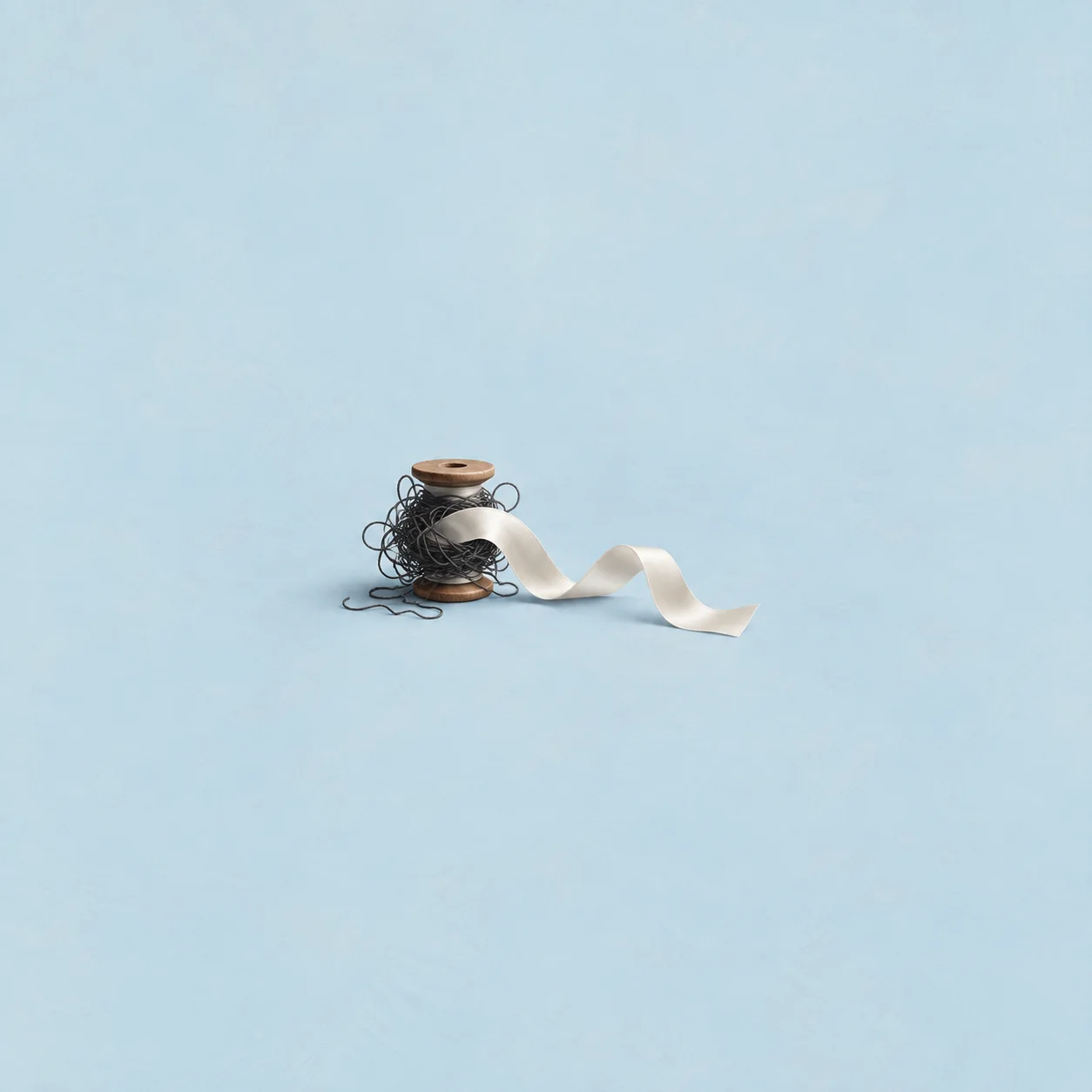 A wooden spool tangled in dark thread with a smooth white ribbon curling away on a pale blue background.
