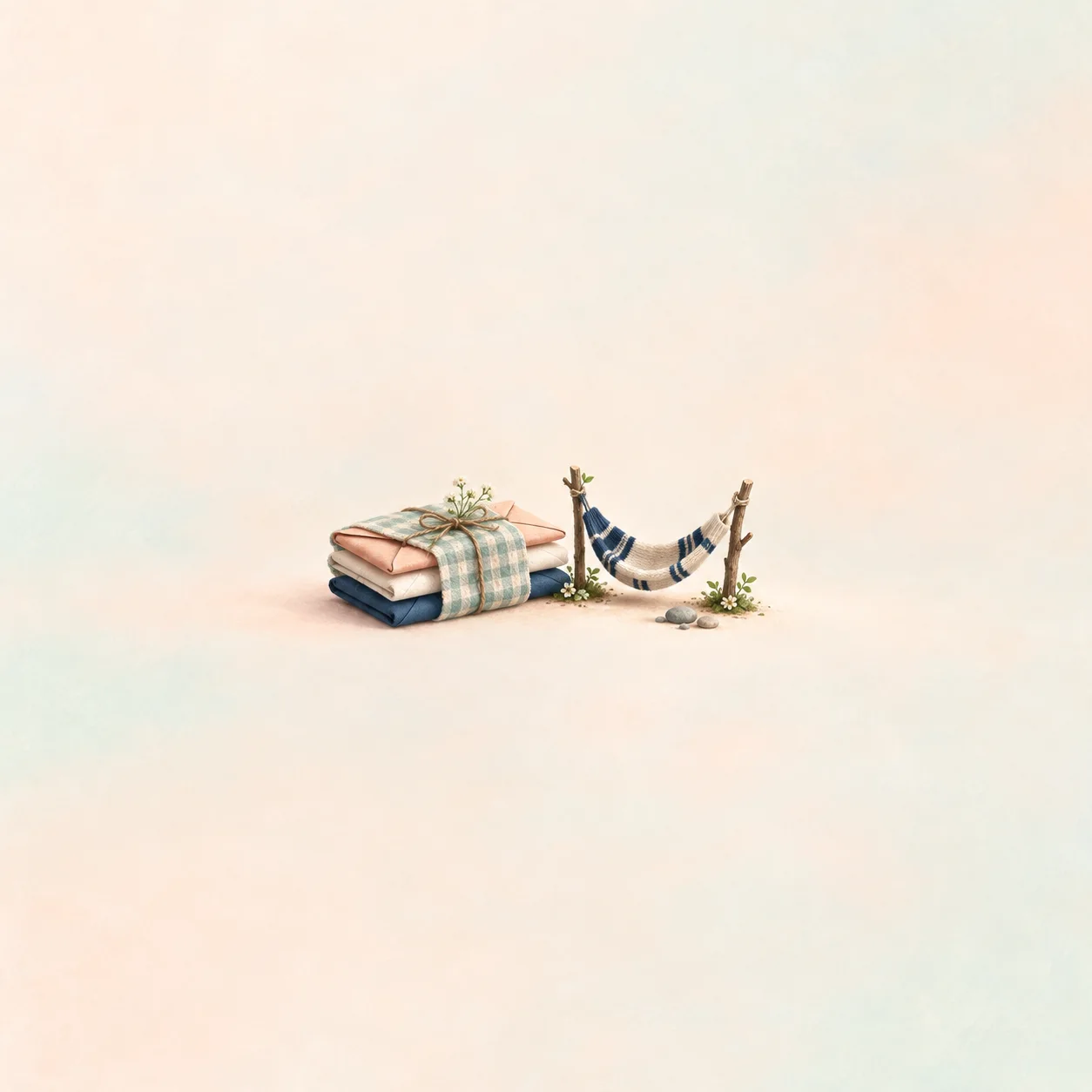 A small stack of books tied with checked ribbon sits beside a miniature striped hammock.