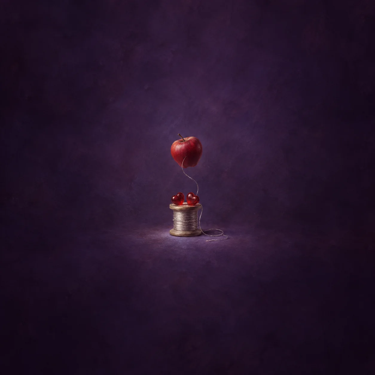 A red apple floats above two red beads on a spool of silver thread against a violet background.