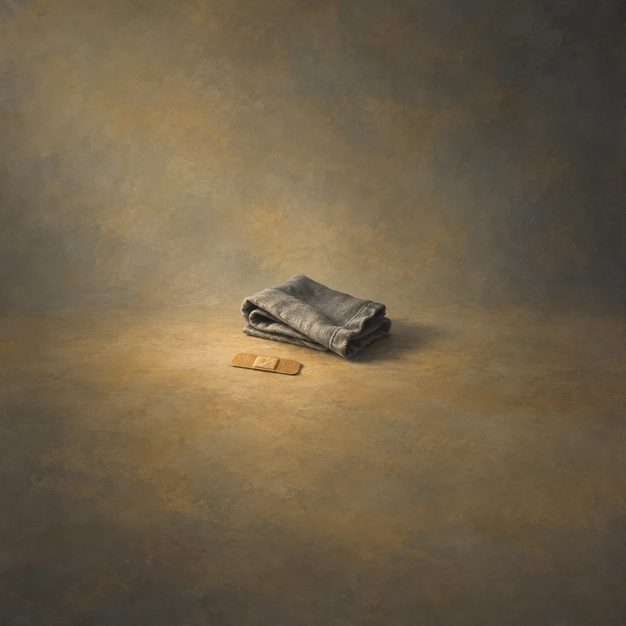 A small adhesive bandage lies beside folded grey cloth on a softly lit ochre surface.