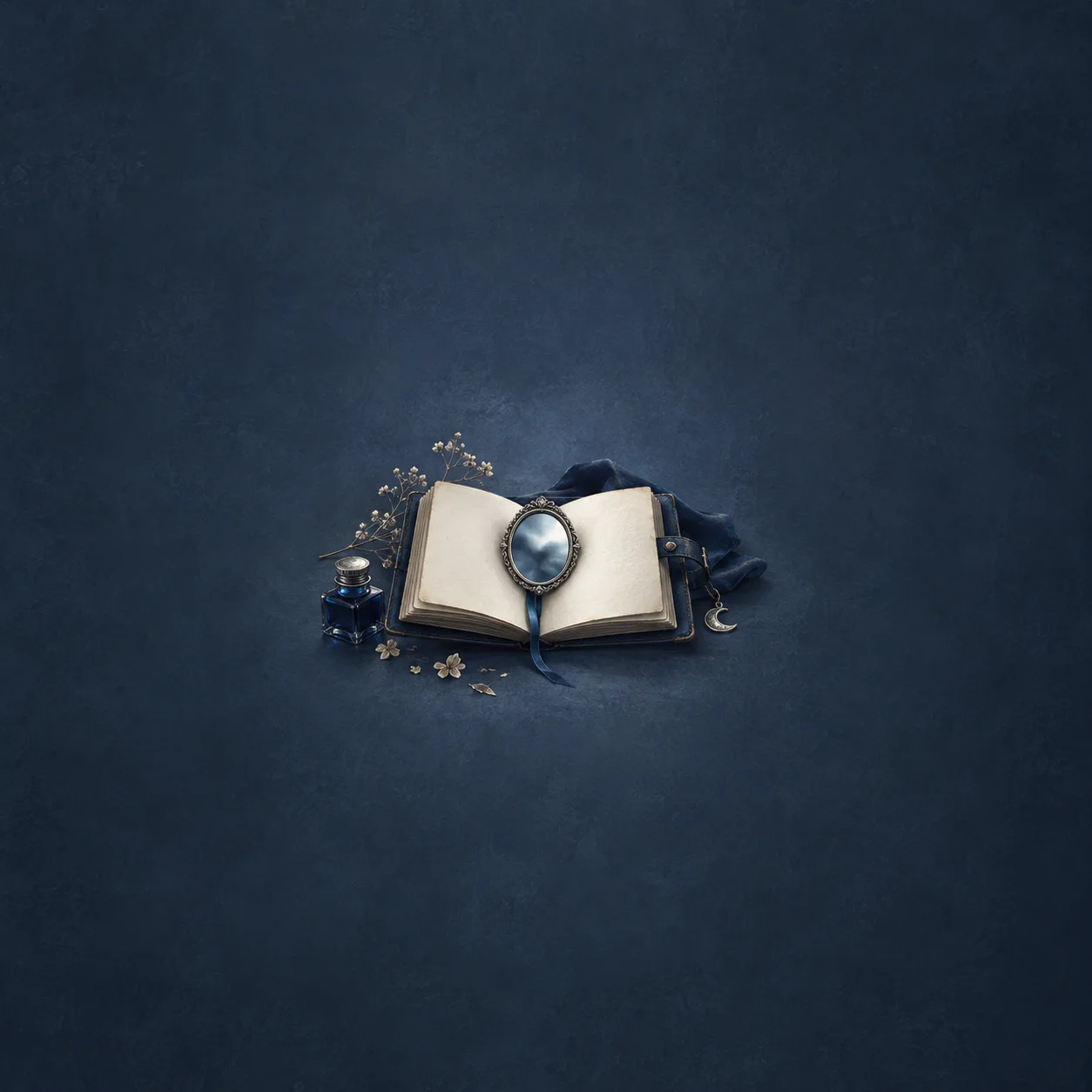 A small oval mirror rests on an open blank book beside an ink bottle, pale flowers and dark ribbon.