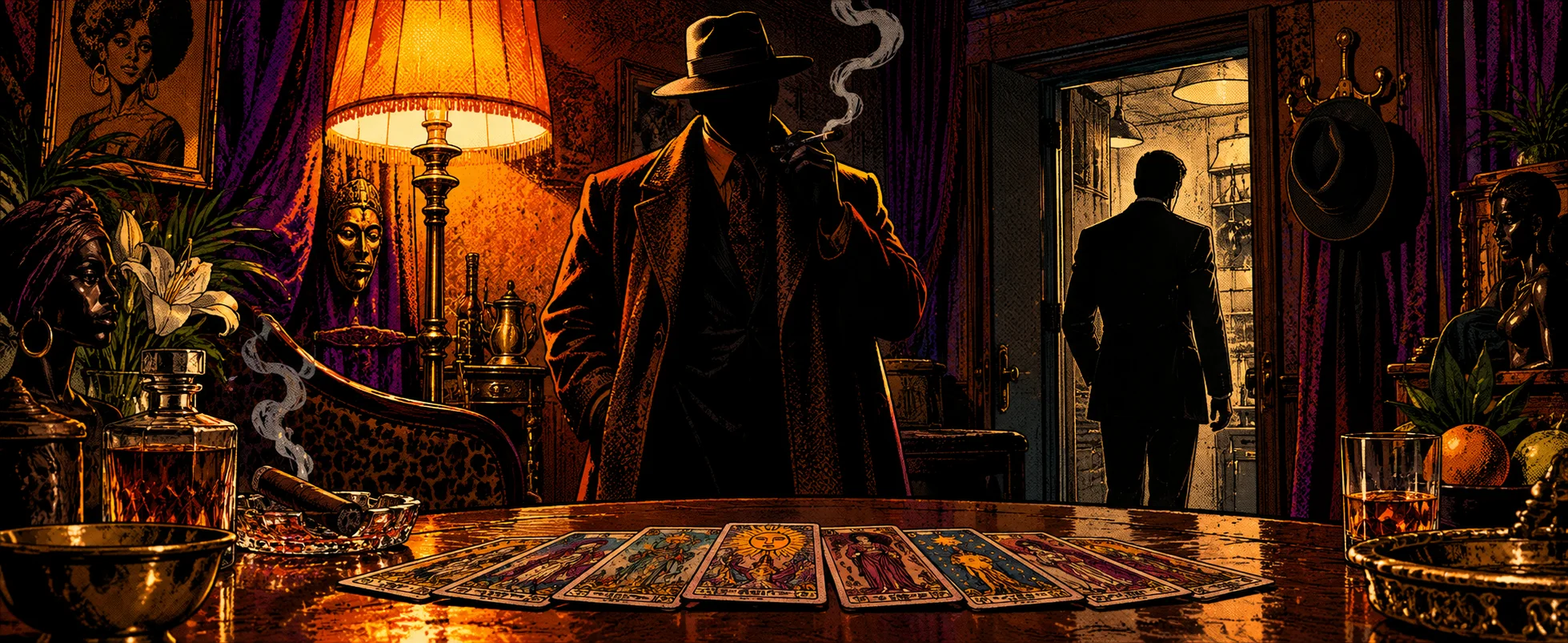 In a Harlem back room with velvet curtains and a tarot spread on the table, a gangster in a long coat and hat waits in lamplight as Bond appears in the doorway.