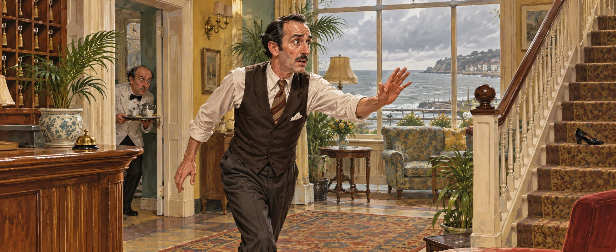 A tall, flustered hotelier in a waistcoat strides across a seaside hotel lobby, one hand raised in warning, as a small waiter peers from a doorway and the grey sea shows through the window.