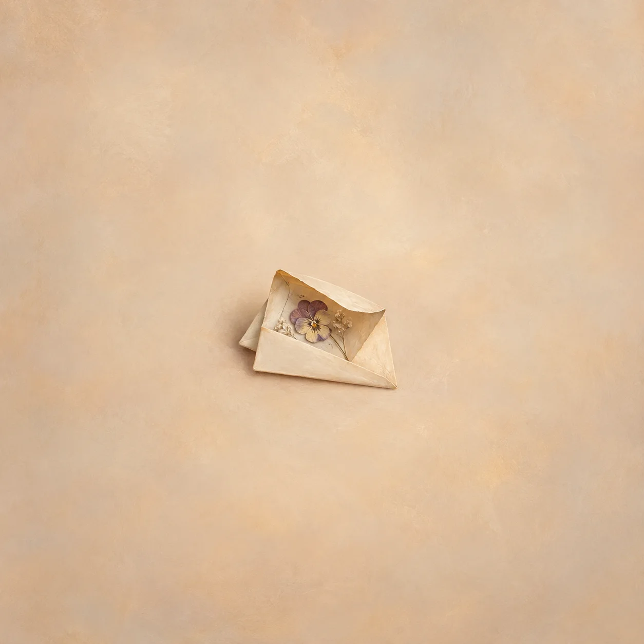 A pressed purple flower lies inside an open cream envelope.