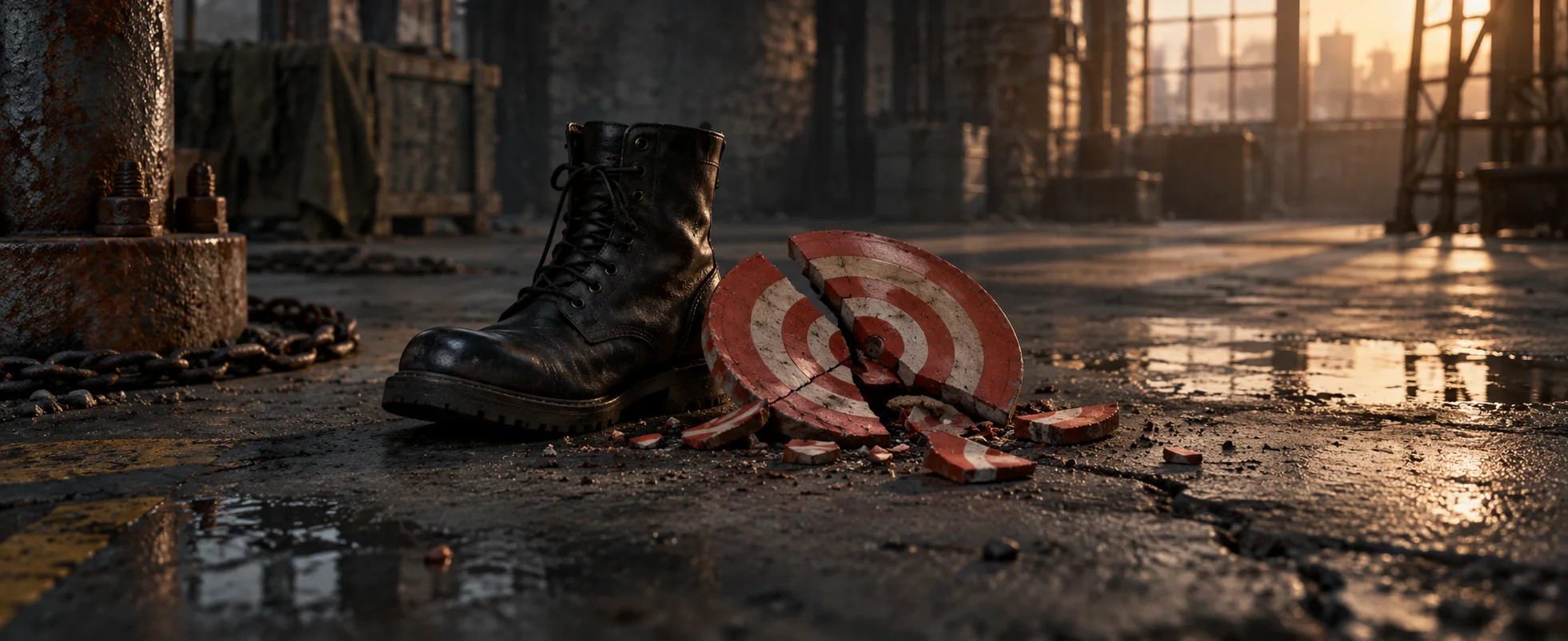 A broken red practice target lies beside a plain black boot on a rough industrial floor.