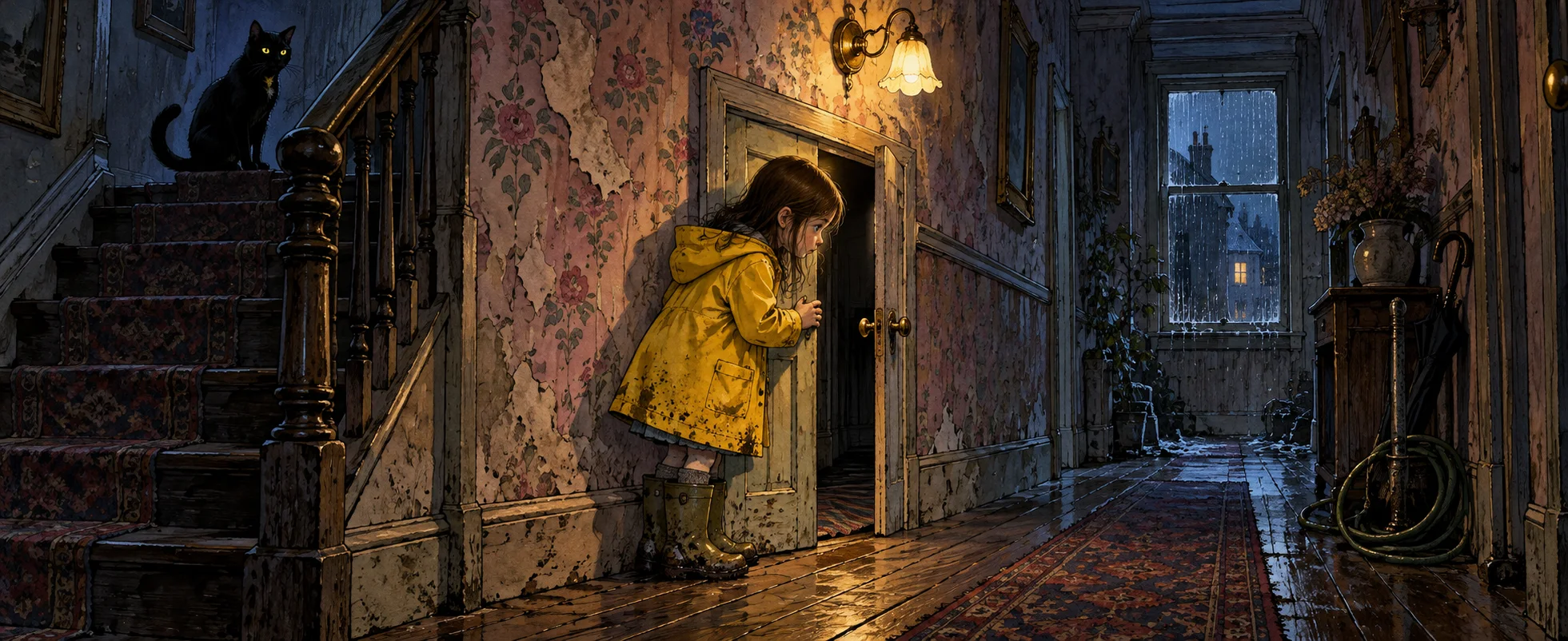 A small girl in a yellow raincoat peers through a little door in the wallpapered hall of an old house, a black cat watching from the stairs.
