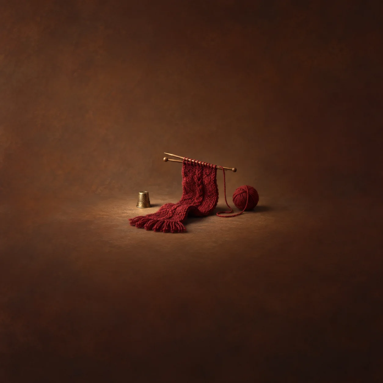 Partly knitted red wool hanging from wooden needles beside a ball of yarn and a brass thimble.
