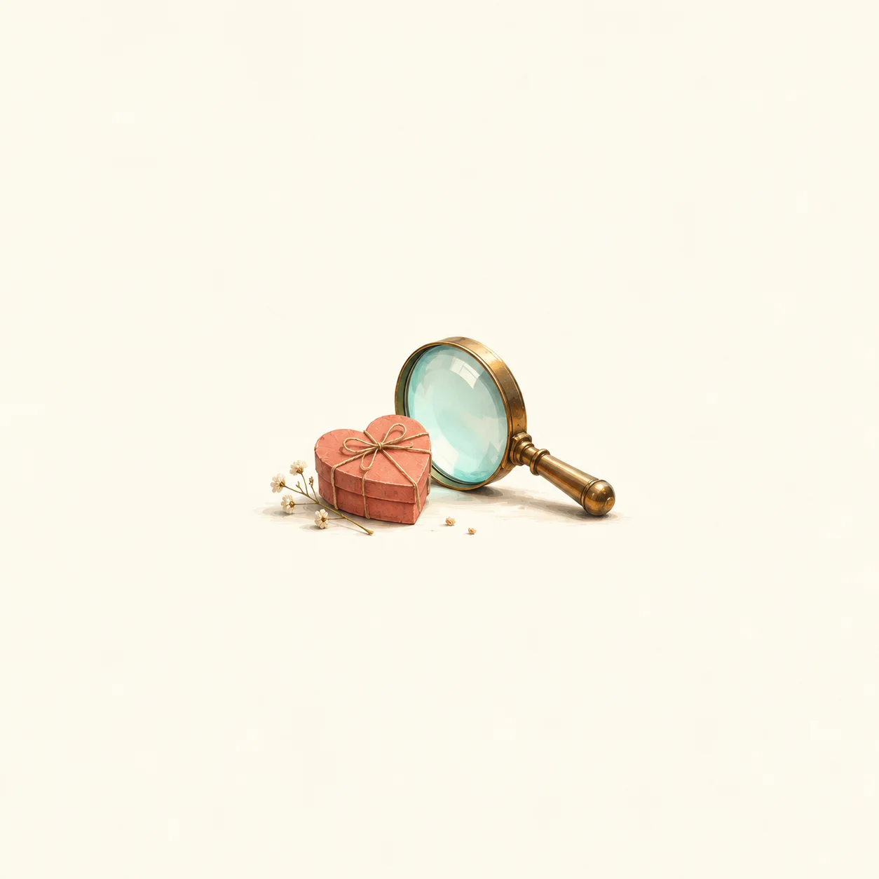 A small heart-shaped cardboard box tied with string lies beside a brass magnifying glass on ivory.