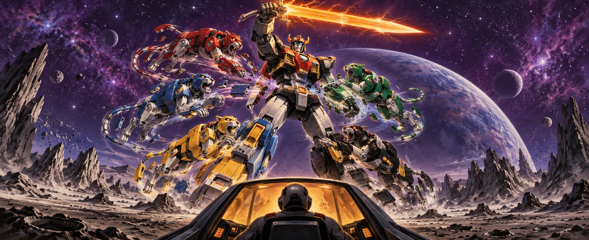 A giant robot assembled from five coloured robot lions raises a blazing sword against a starry alien sky.