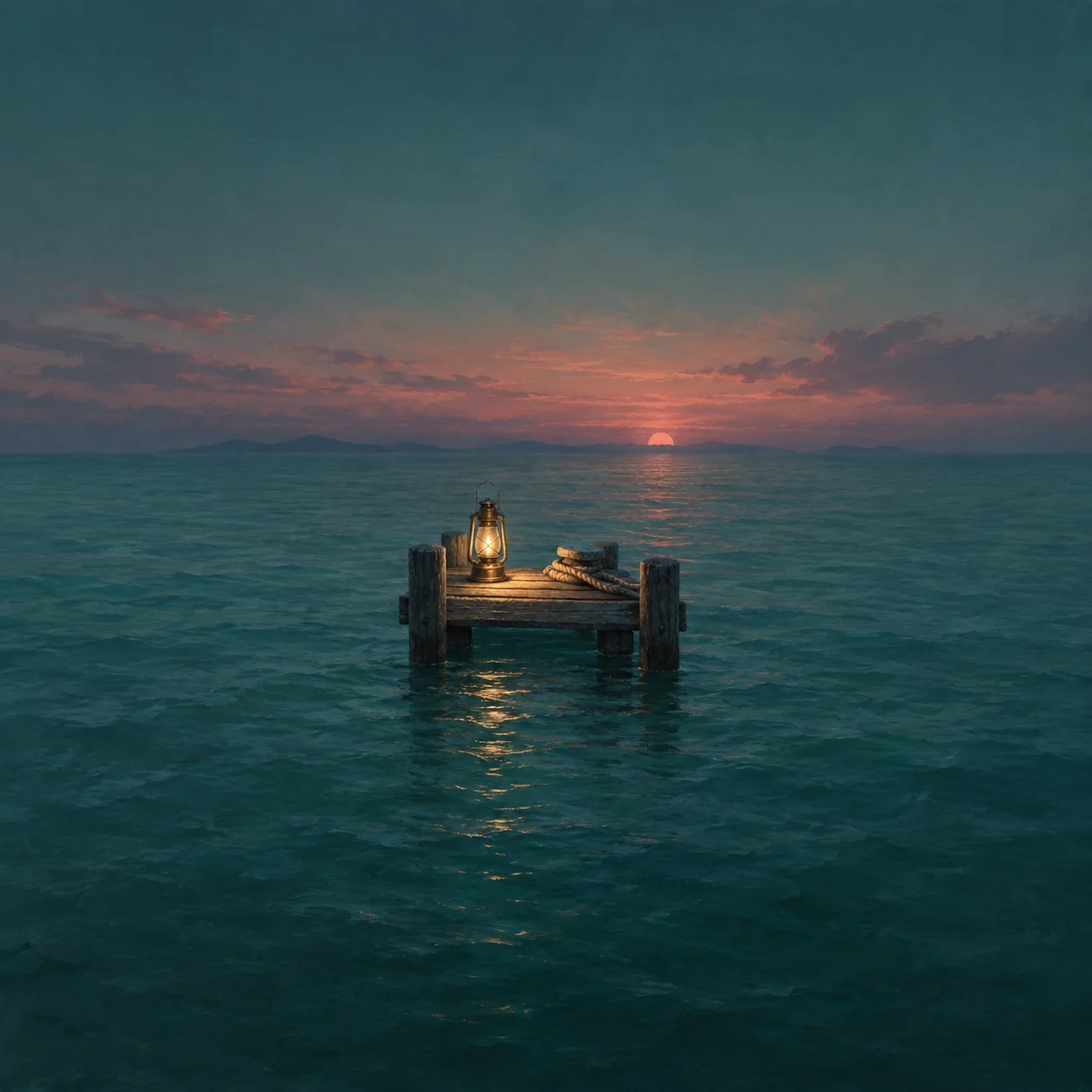 A brass lantern glows beside coiled rope on a small empty wooden pier at sunset.