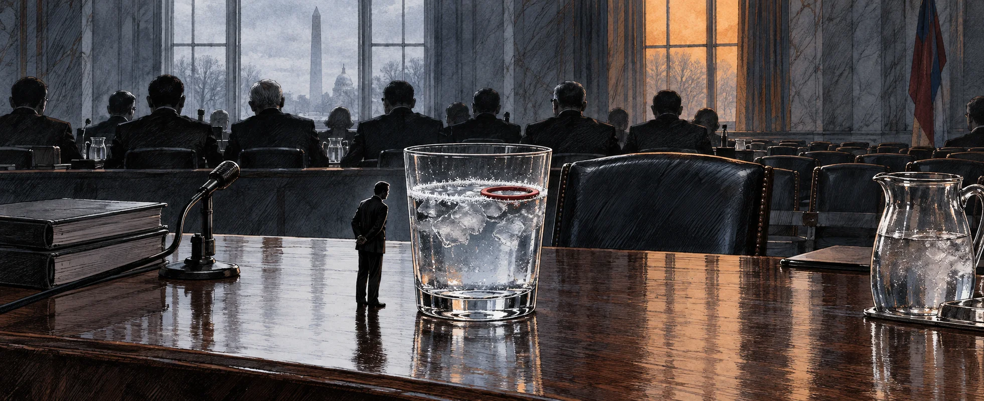 A glass of ice water stands on a polished hearing-room table before rows of officials, a small figure in the background.