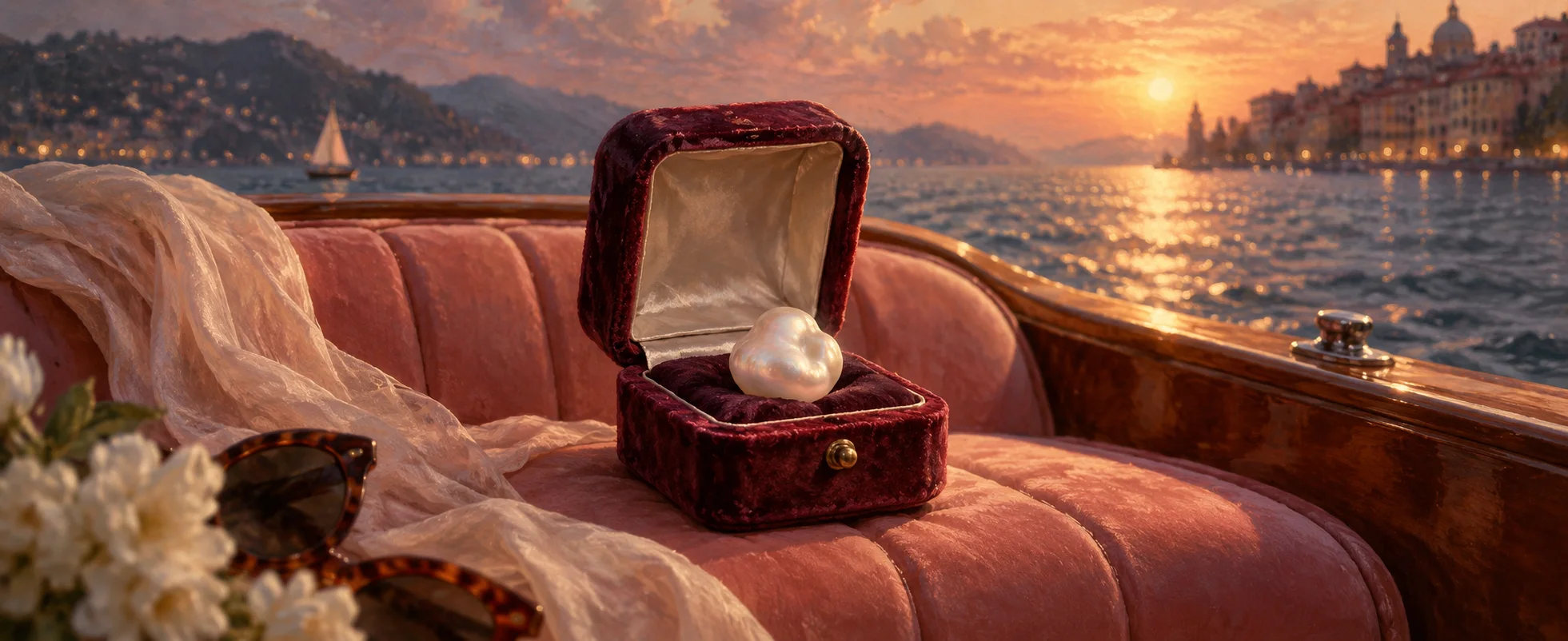 A slightly uneven pearl rests in an open velvet ring box on a rose-coloured boat seat.