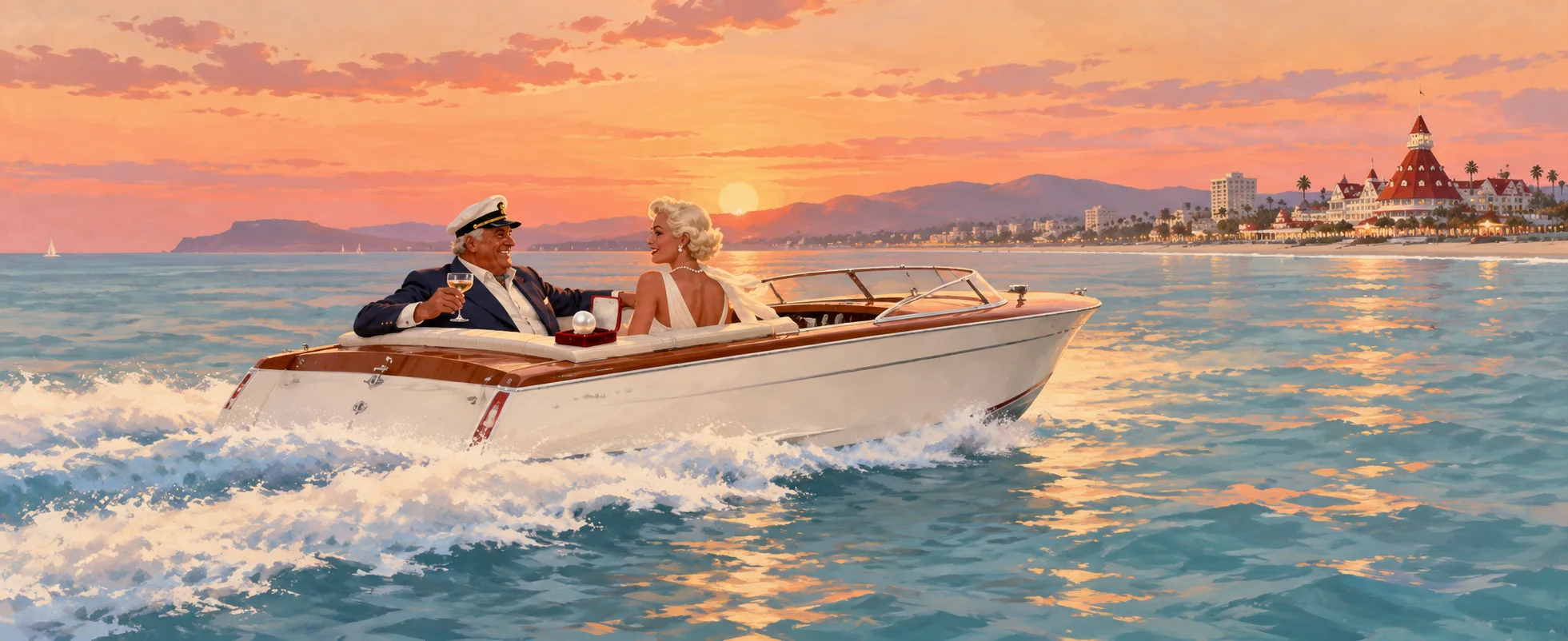 A grinning millionaire in a yachting cap drives a speedboat across a sunset sea with a blonde companion in a white dress, a grand hotel on the shore.