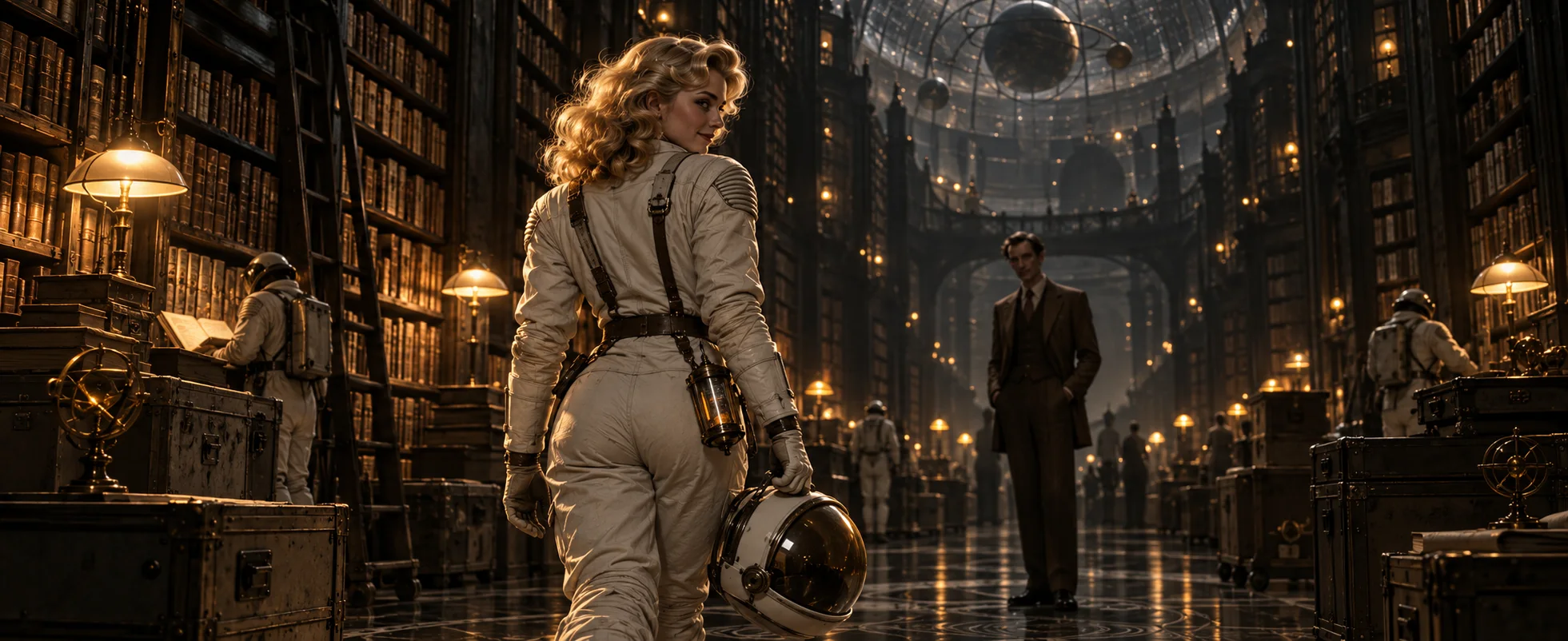 A curly-haired woman in a white spacesuit, helmet under her arm, strides through a vast dim library of towering shelves toward a man in a brown suit.