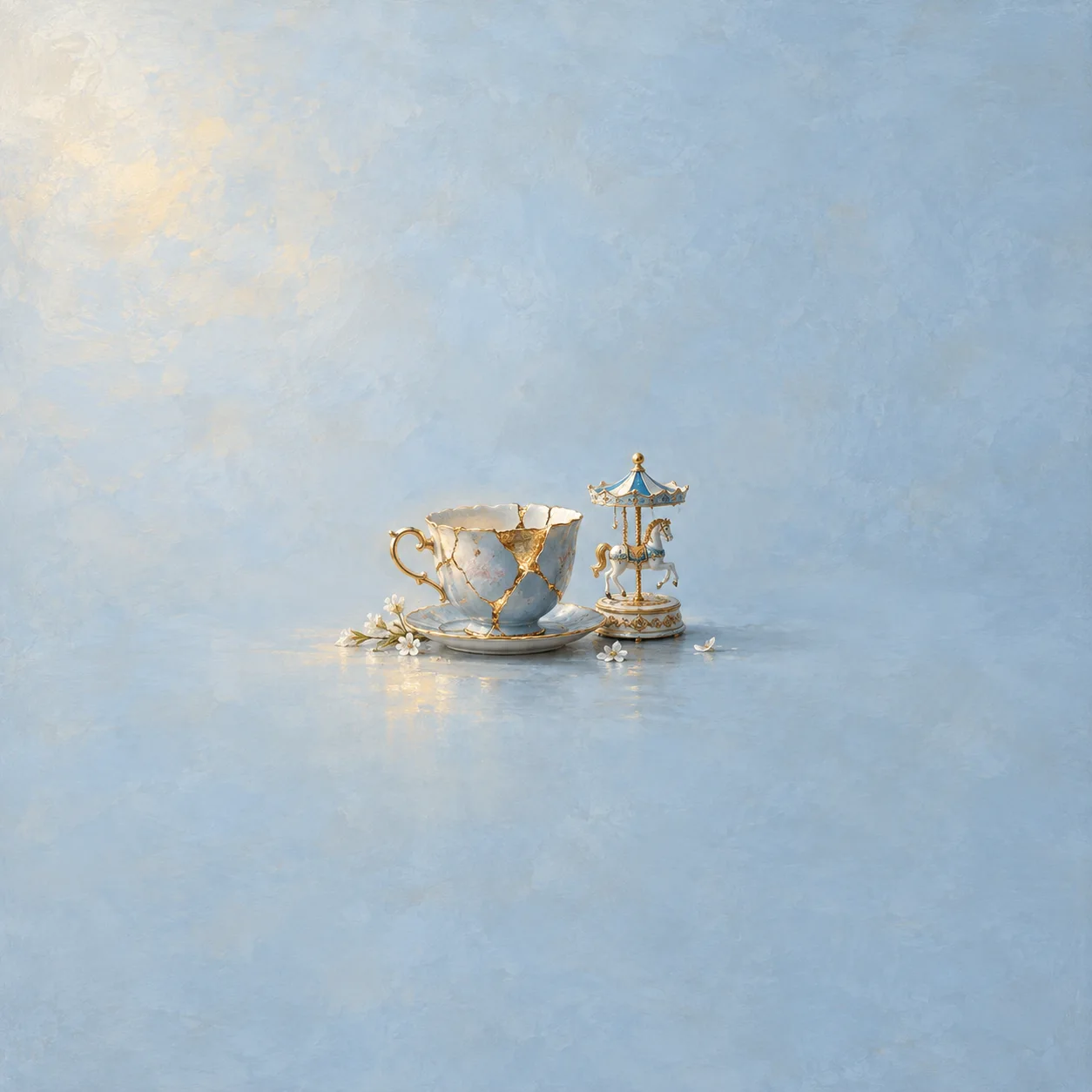 Painterly pale blue teacup with gold cracks beside a miniature carousel and scattered white petals.