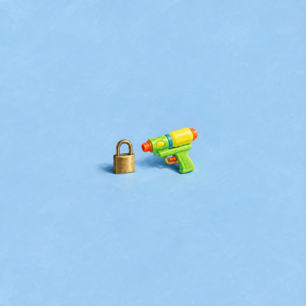 Painterly colourful toy water pistol beside a brass padlock on a light blue surface.