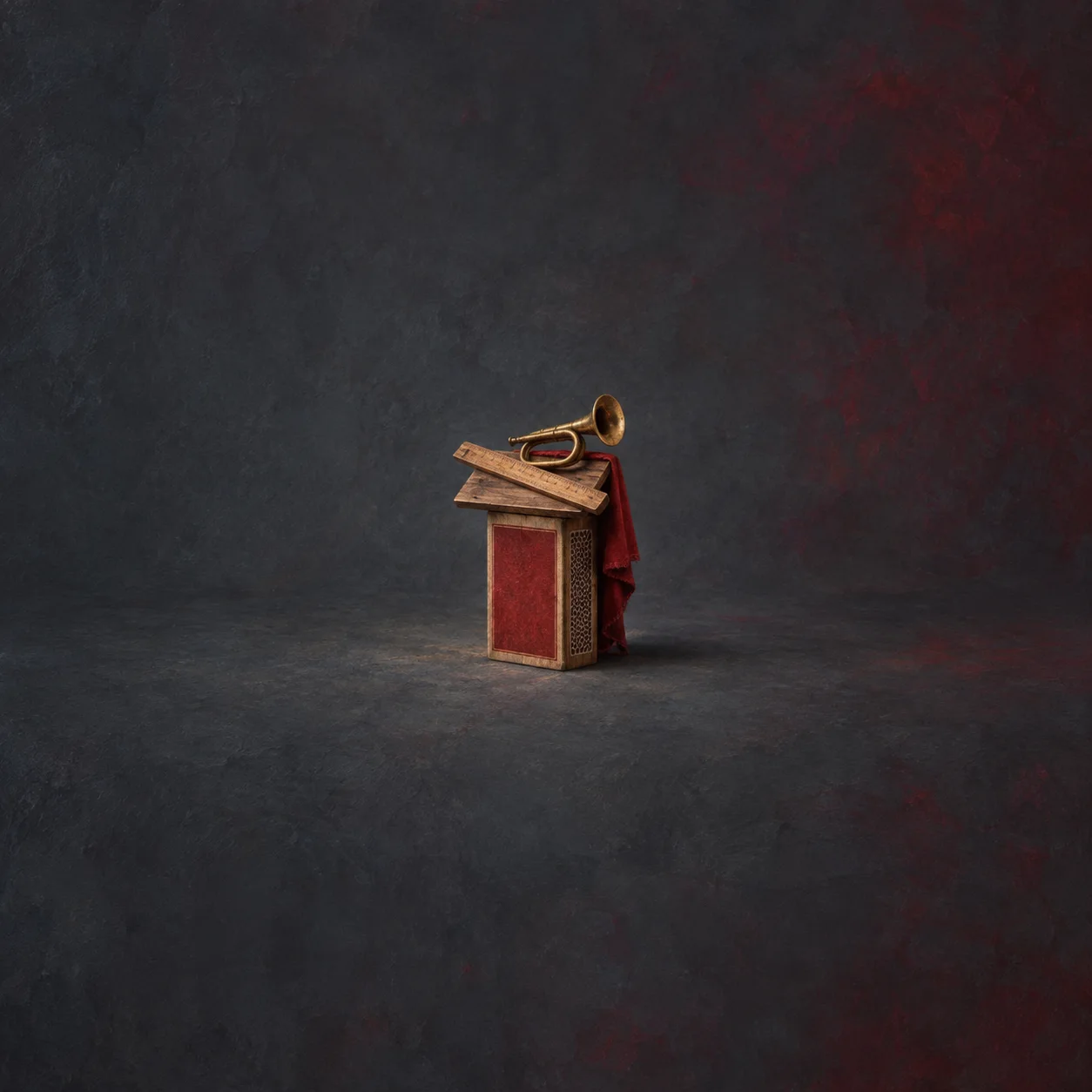 A miniature red lectern topped with a brass bugle and a wooden ruler, with red cloth hanging behind.