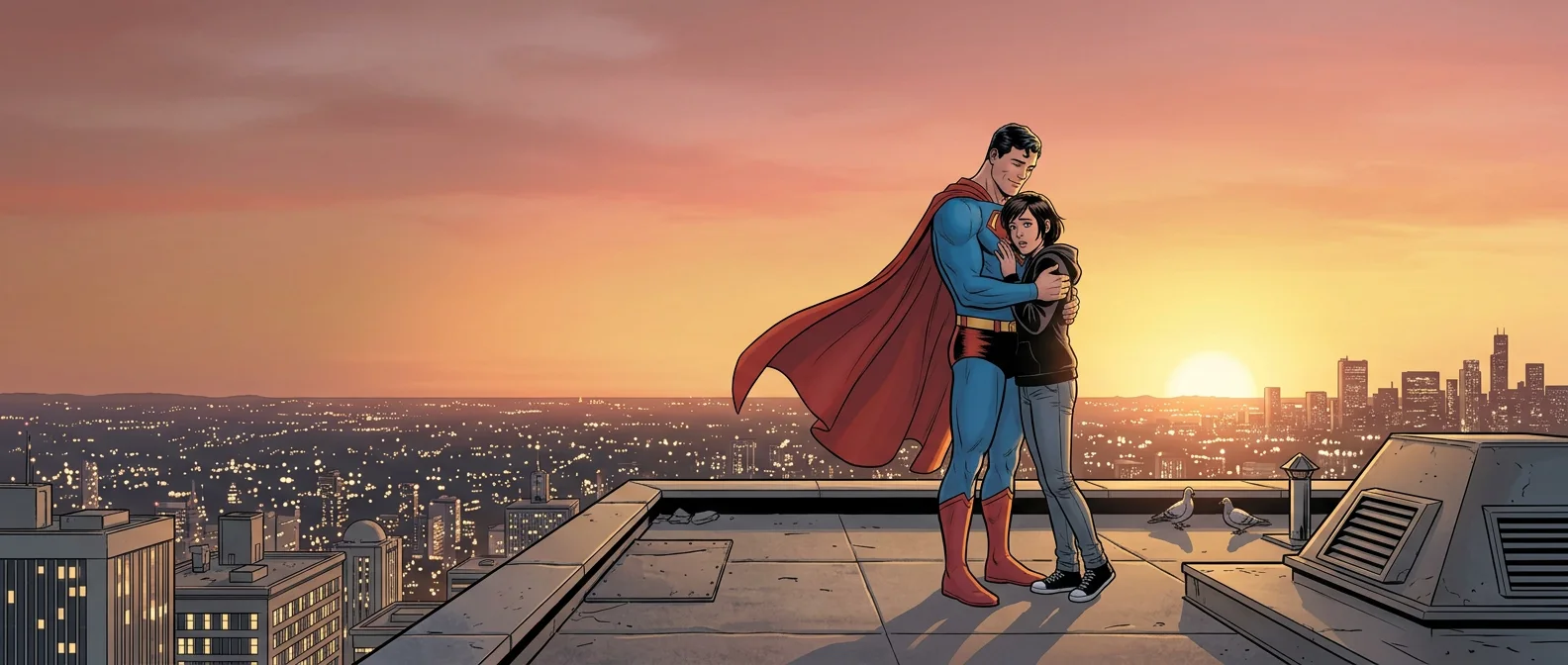 Comic illustration: on a skyscraper rooftop at golden dusk, Superman in his blue suit and red cape holds a dark-haired teenage girl in a gentle hug, safely back from the edge, the city lights glittering below.