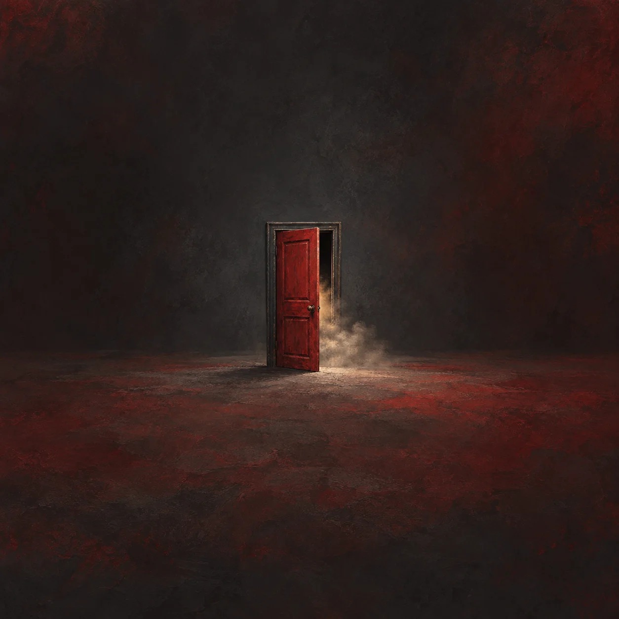 A narrow red door stands slightly open amid a small dust cloud in a dark red room.