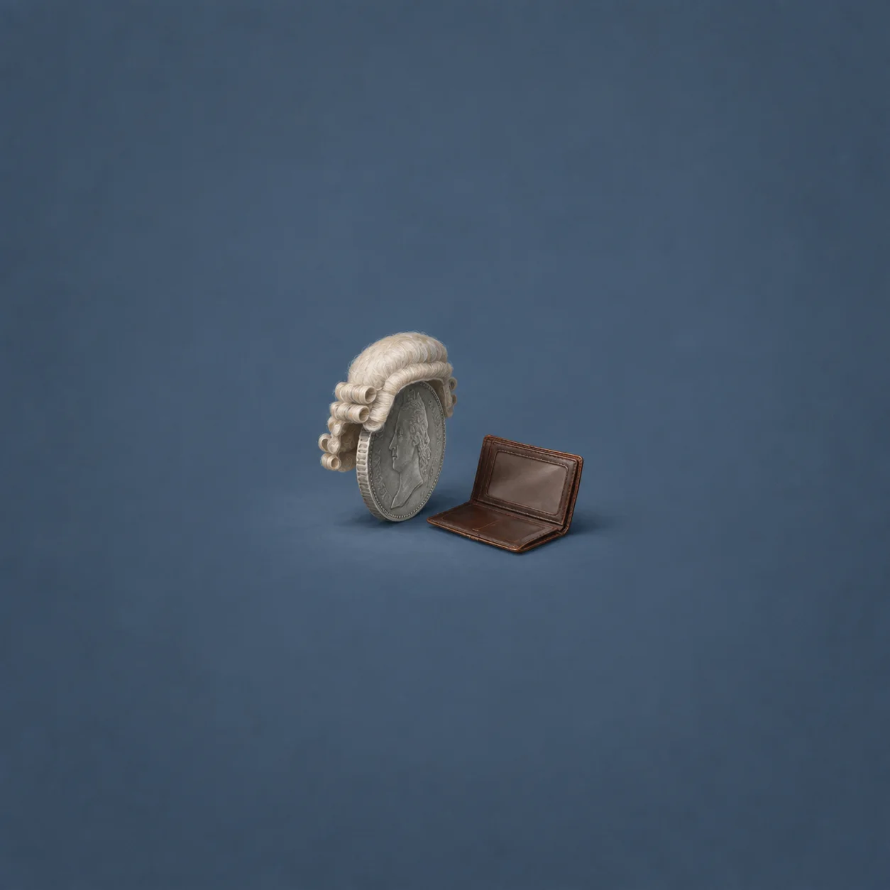 A white curled wig rests on an upright silver coin beside an open empty brown wallet against slate blue.