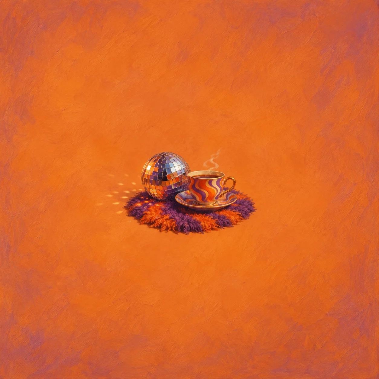 Painterly mirrored disco ball beside a steaming patterned teacup on orange and purple shag.