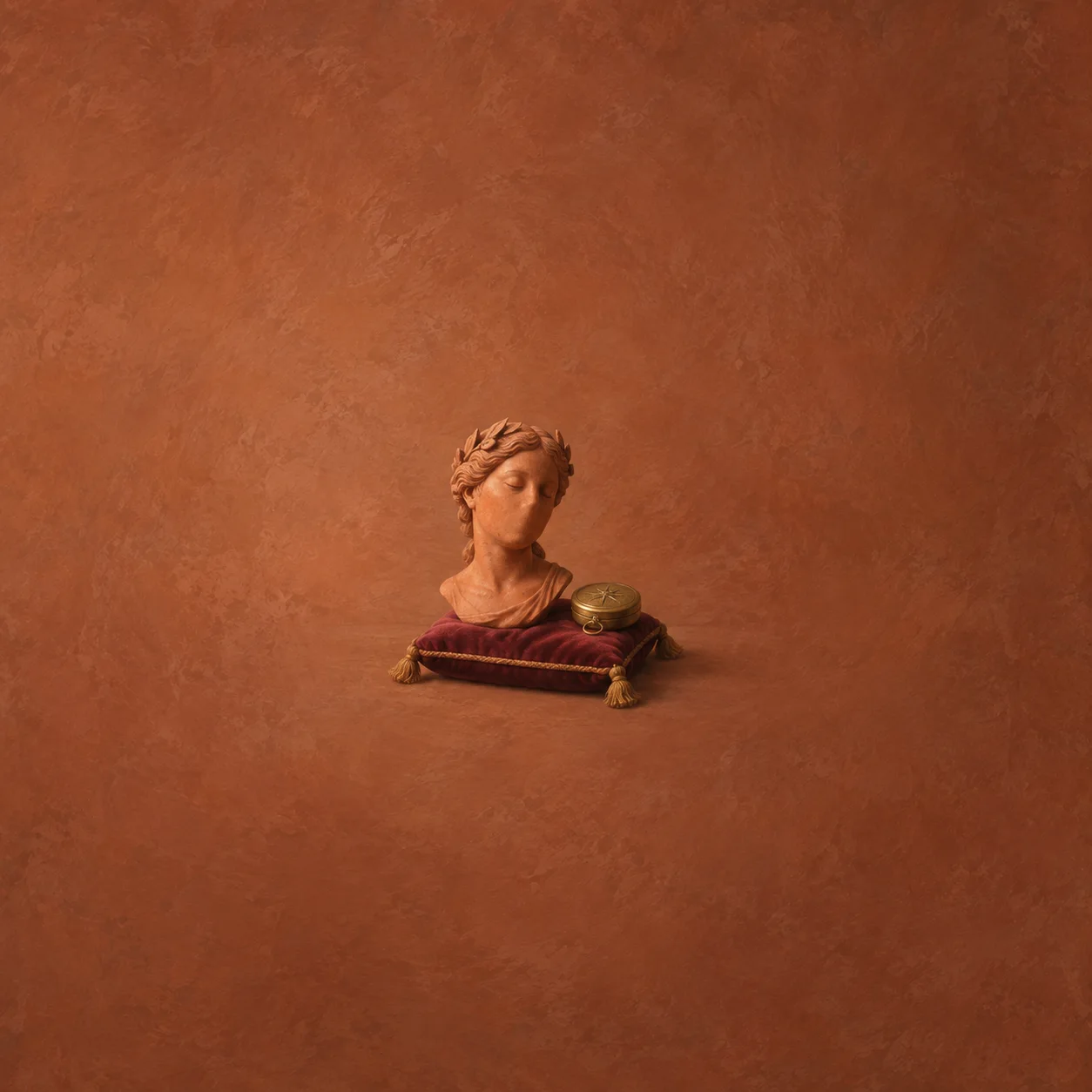 Painterly terracotta bust beside a small brass compass on a burgundy cushion.