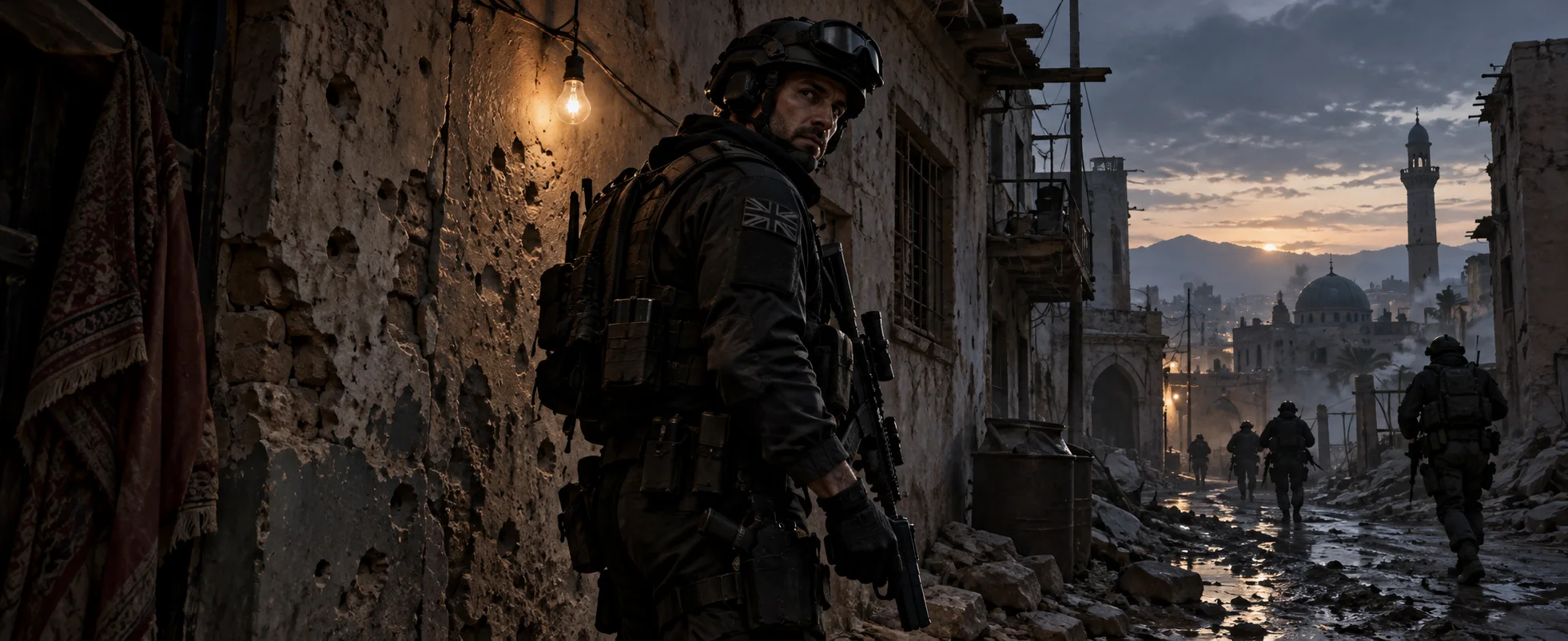 A special-forces soldier in black kit glances back down a ruined, war-scarred street at dusk, pistol low at his hip.