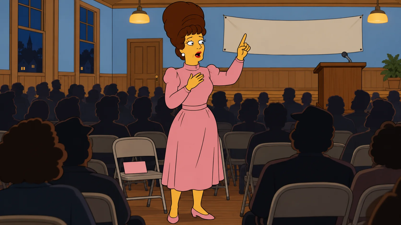 A cartoon woman with a towering beehive and a pink dress stands at a packed town meeting, one hand on her chest and one finger raised.