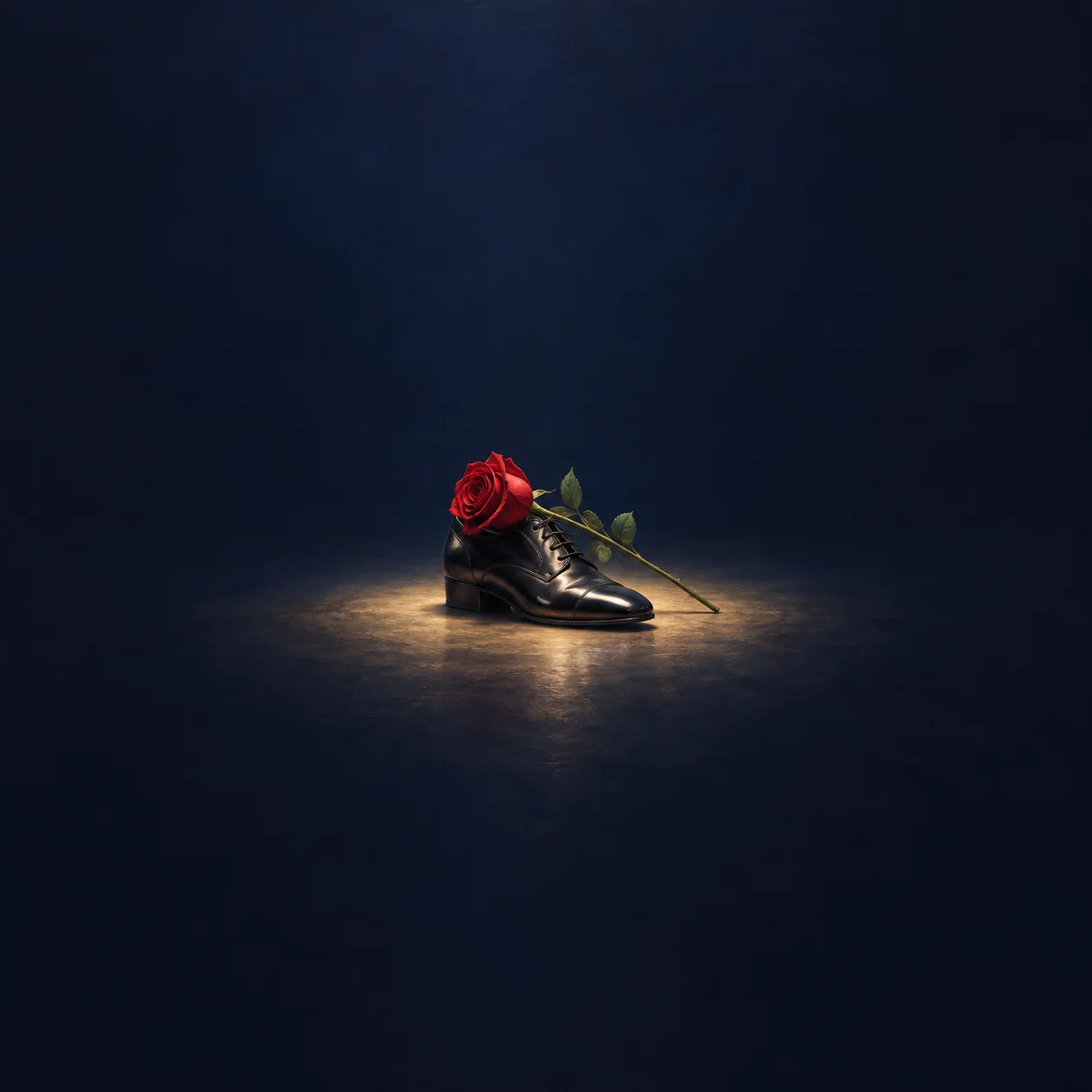 A red rose rests across a polished black shoe in a pool of warm light against dark blue.