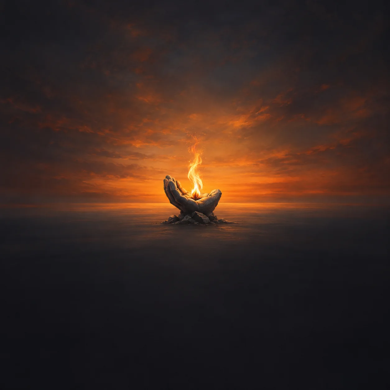 A golden flame rises from cupped stone hands against an orange sunset and dark clouds.