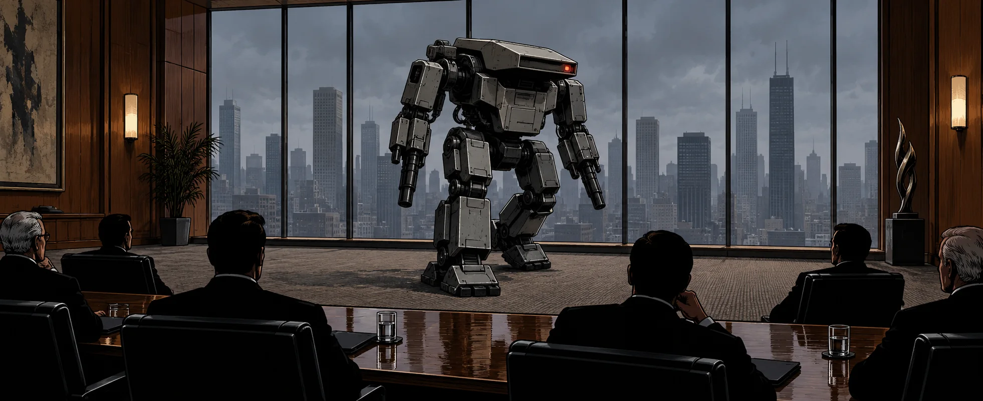 A hulking boxy robot stands on the carpet of a corporate boardroom before rows of seated executives seen from behind.