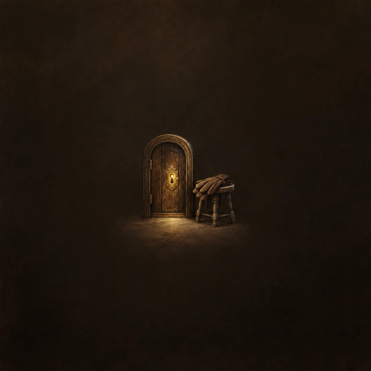 A pair of brown gloves rests on a stool beside a closed wooden door with a glowing keyhole.